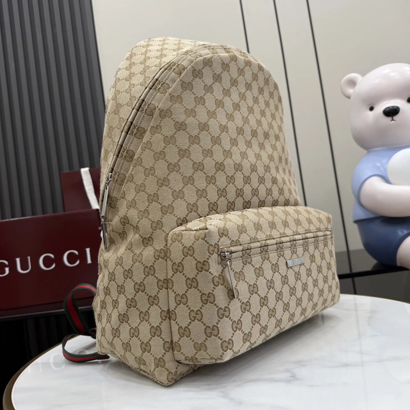 Gucci 棕色 銀色 帆布 雙肩包 实用雙肩款