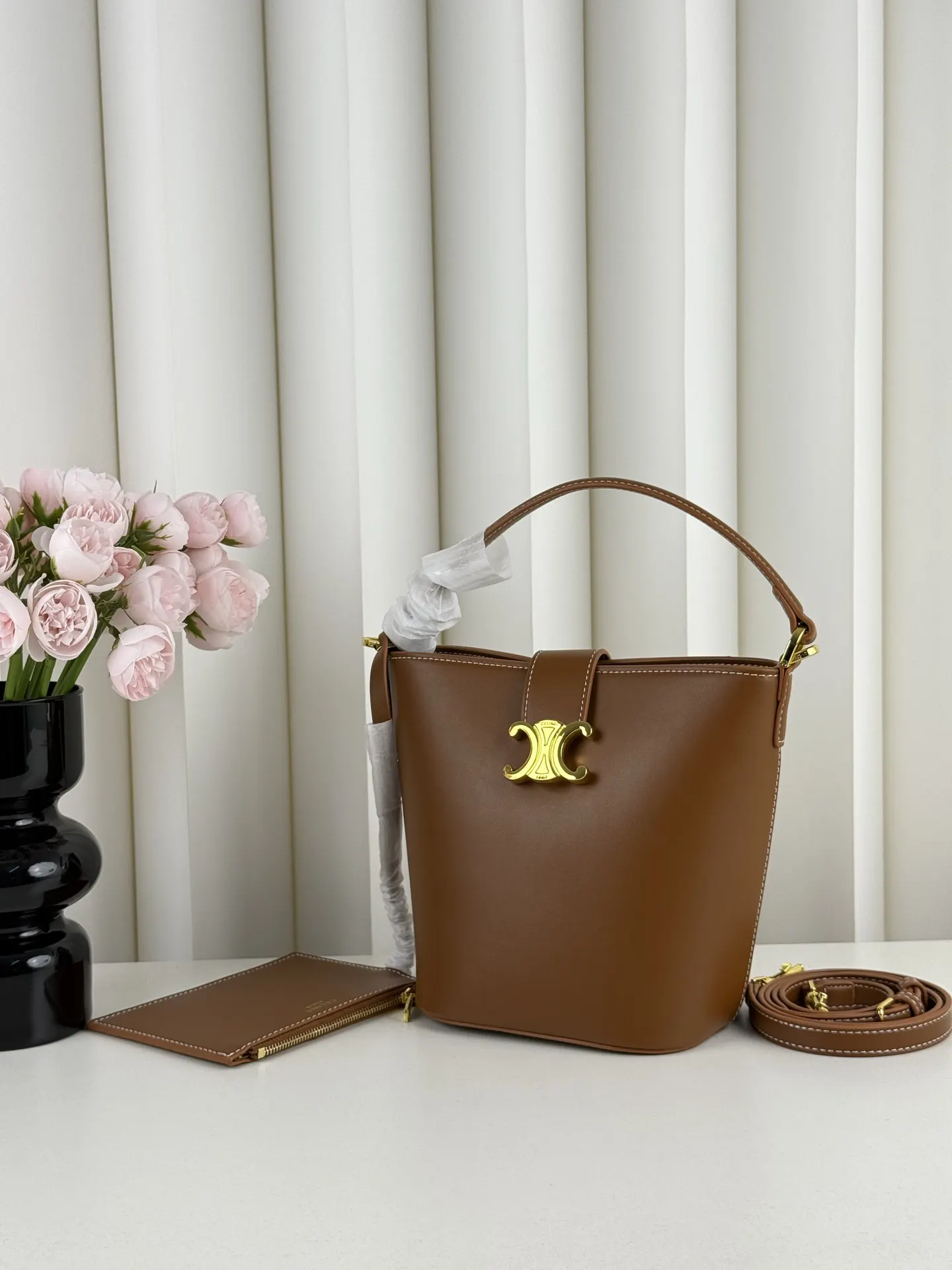 Brown Gold Bucket Bag Casual Leather