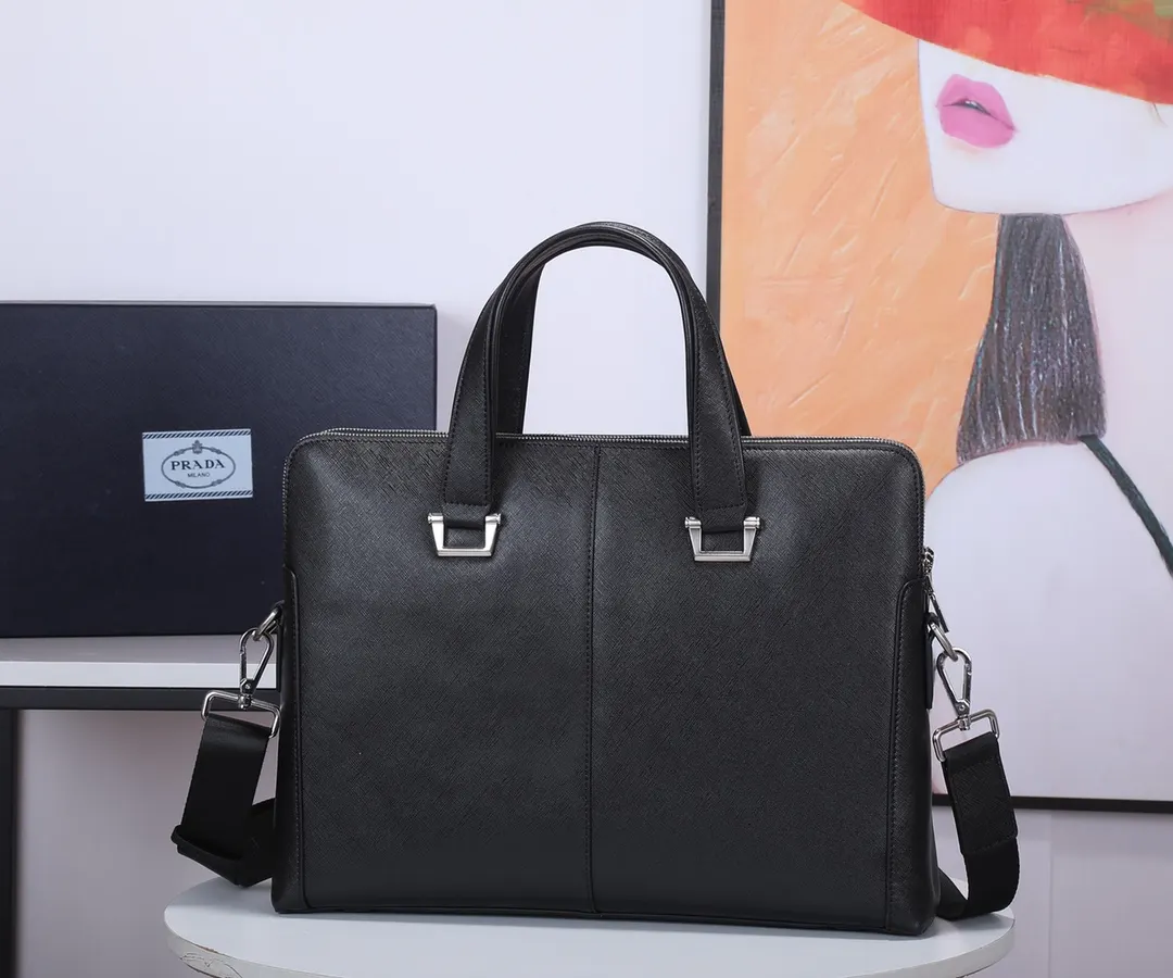 Prada 黑色 藍色 牛皮 公文包 商務通勤款