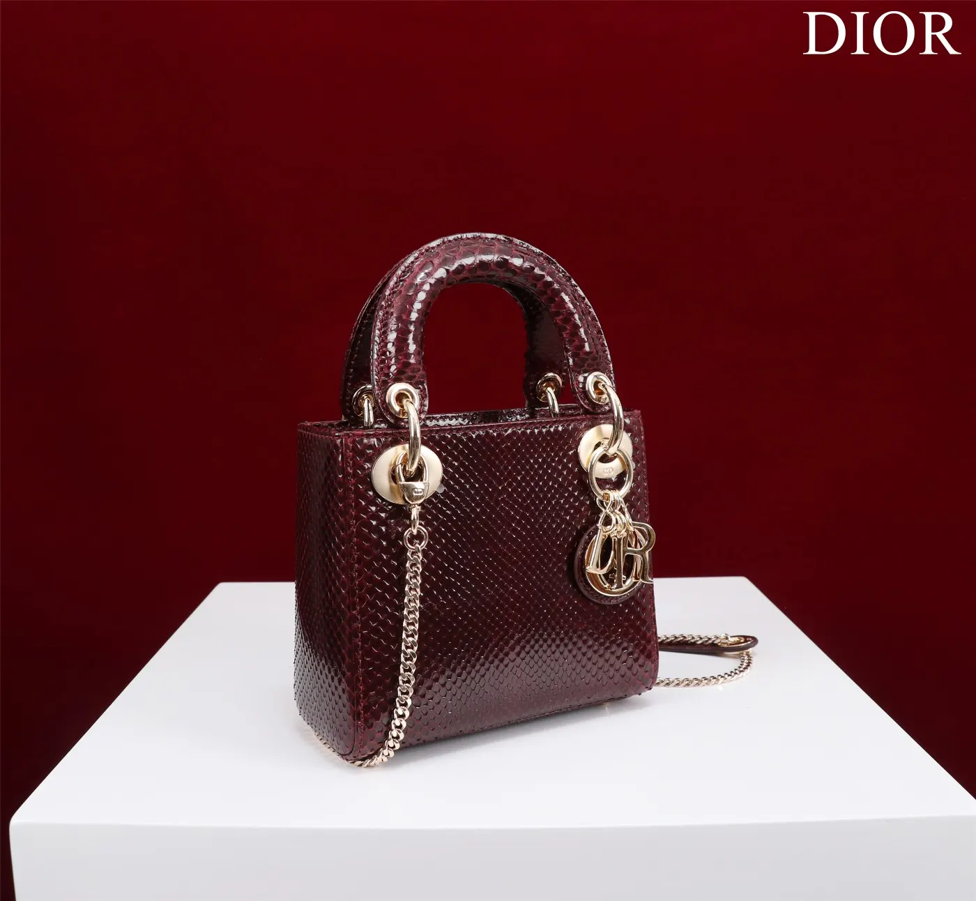 Dior Lady Dior 酒红色藤格纹手提斜挎包 复古款