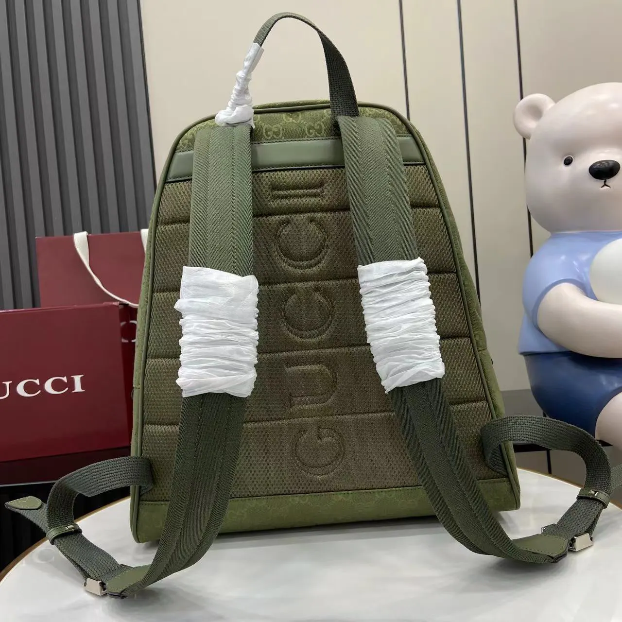 綠色 帆布 饰Gu ci标识中号 材质 防尘布袋 雙肩包 实用雙肩款