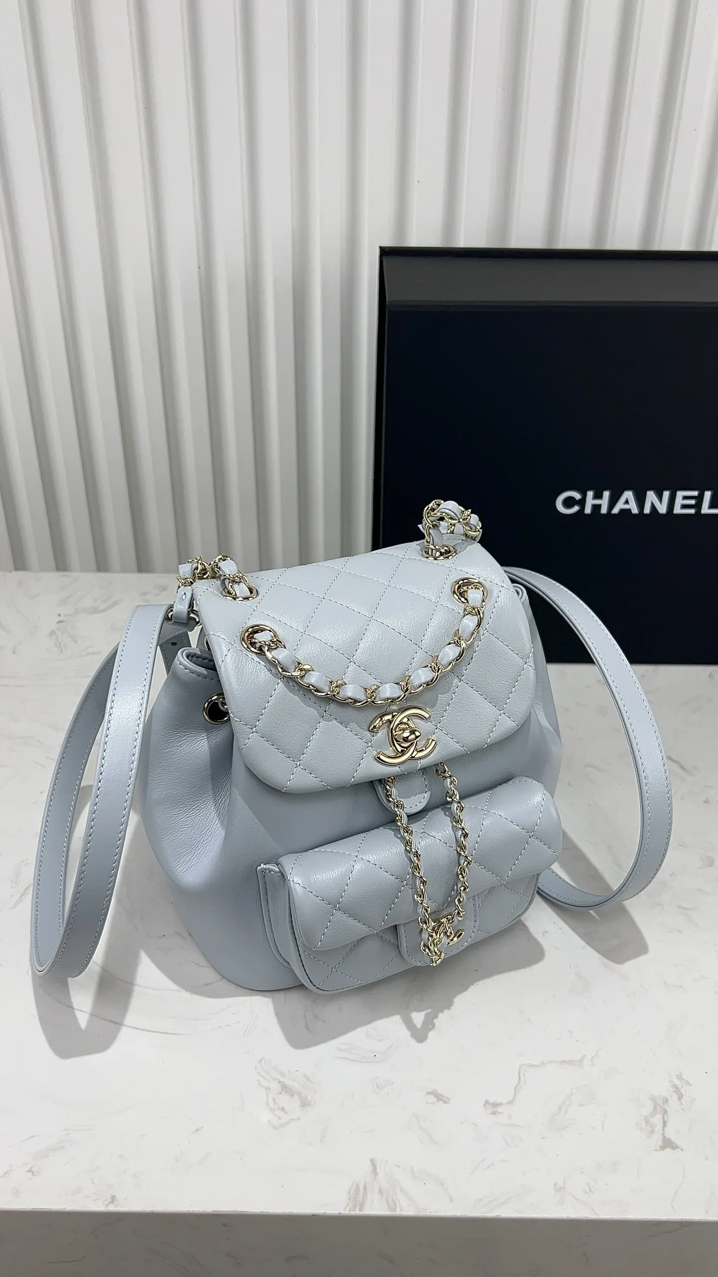 CHANEL 藍色 小牛皮 雙肩包 实用雙肩款