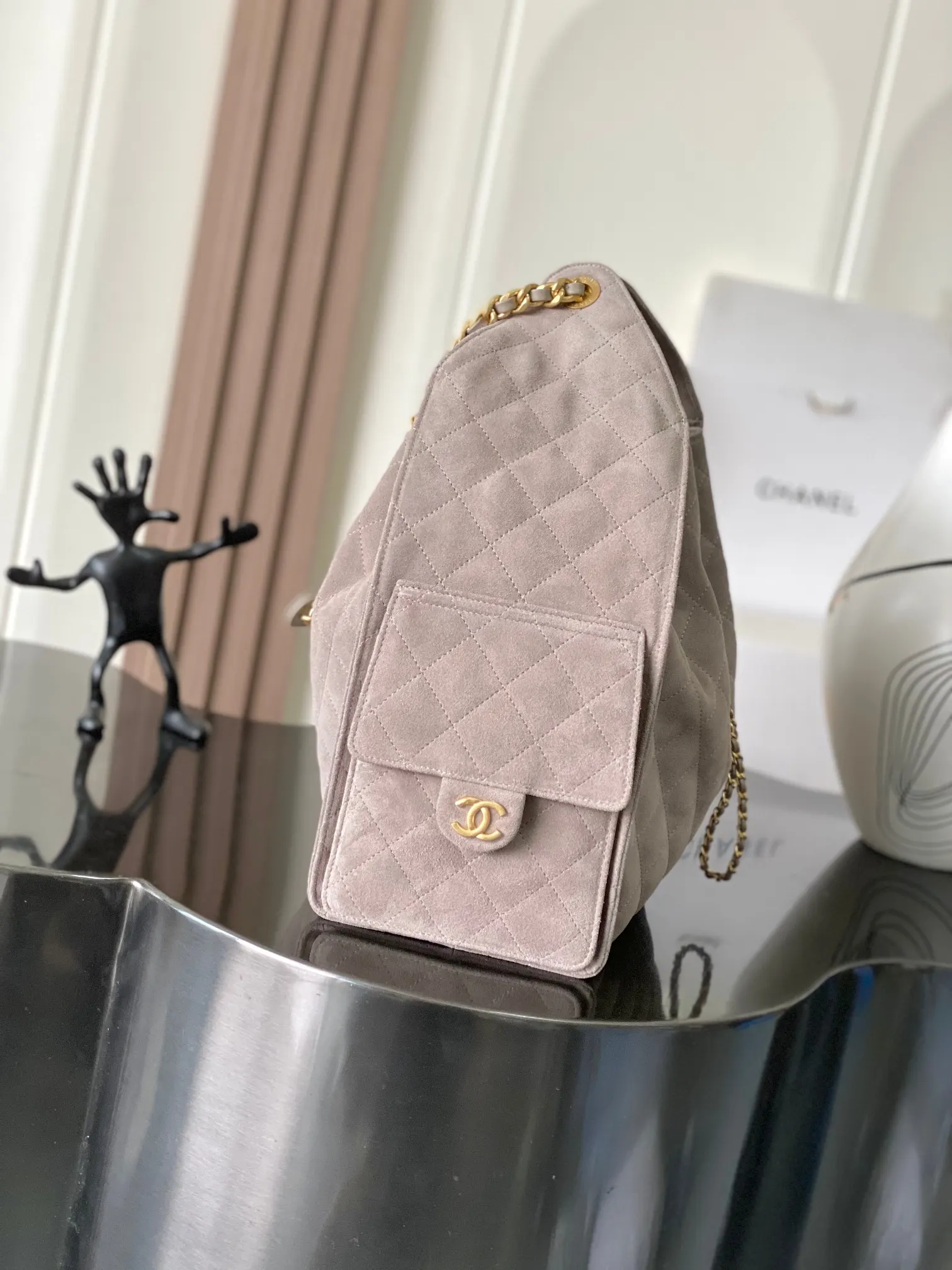 CHANEL 米灰色牛皮Hobo腋下包 单肩款