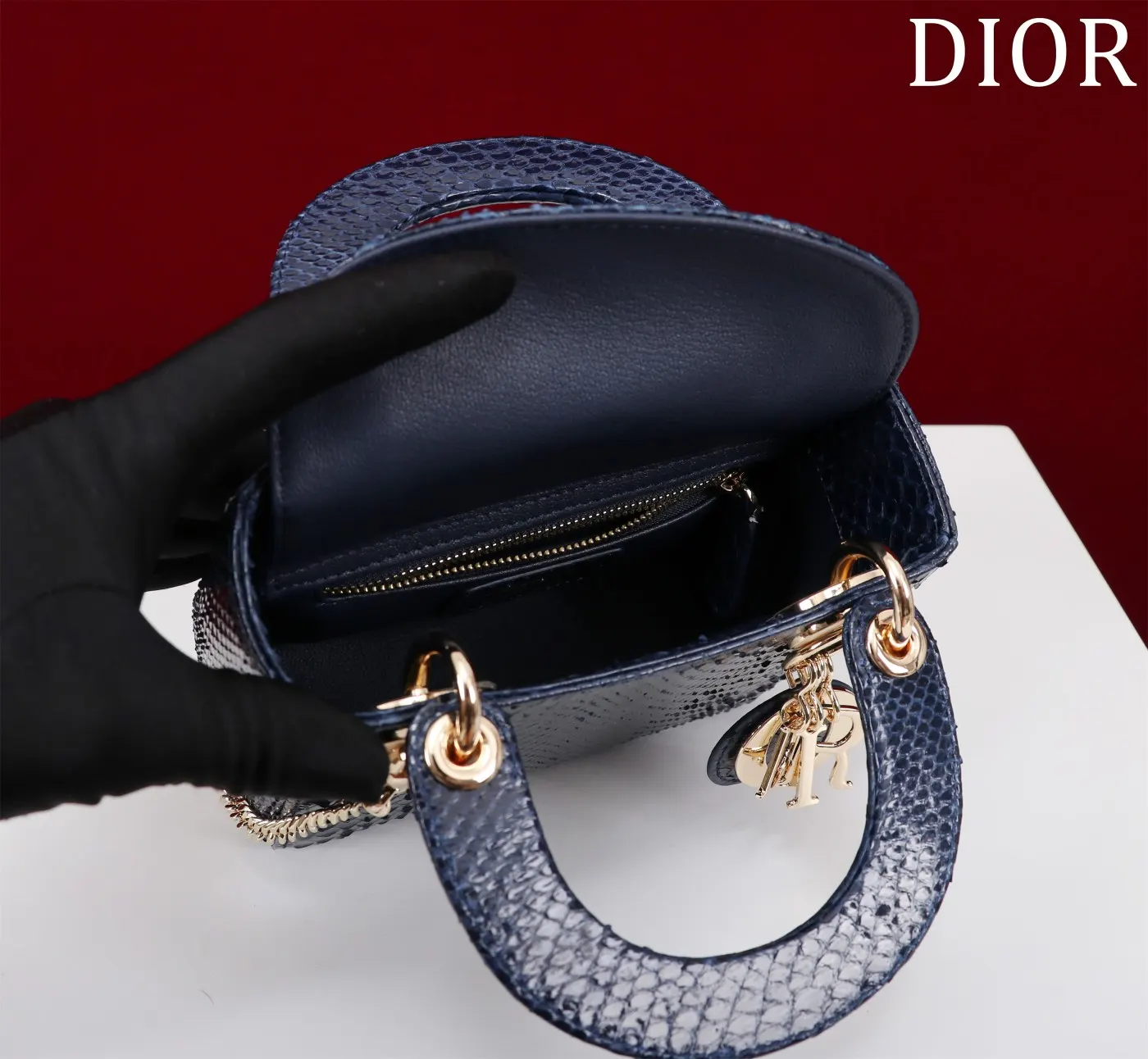 Dior Lady Dior Lady 蓝色藤格纹手提斜挎包 红底