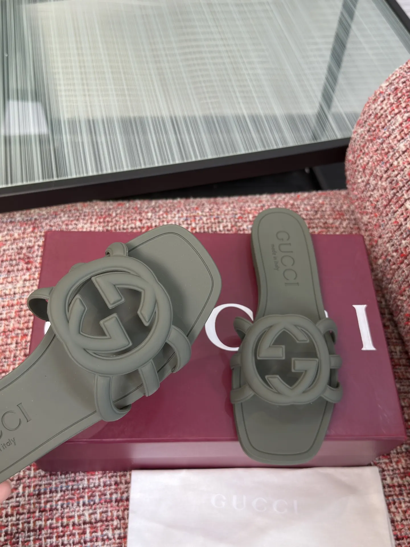 Gucci Interlocking G 灰绿色凉拖 休闲 运动鞋