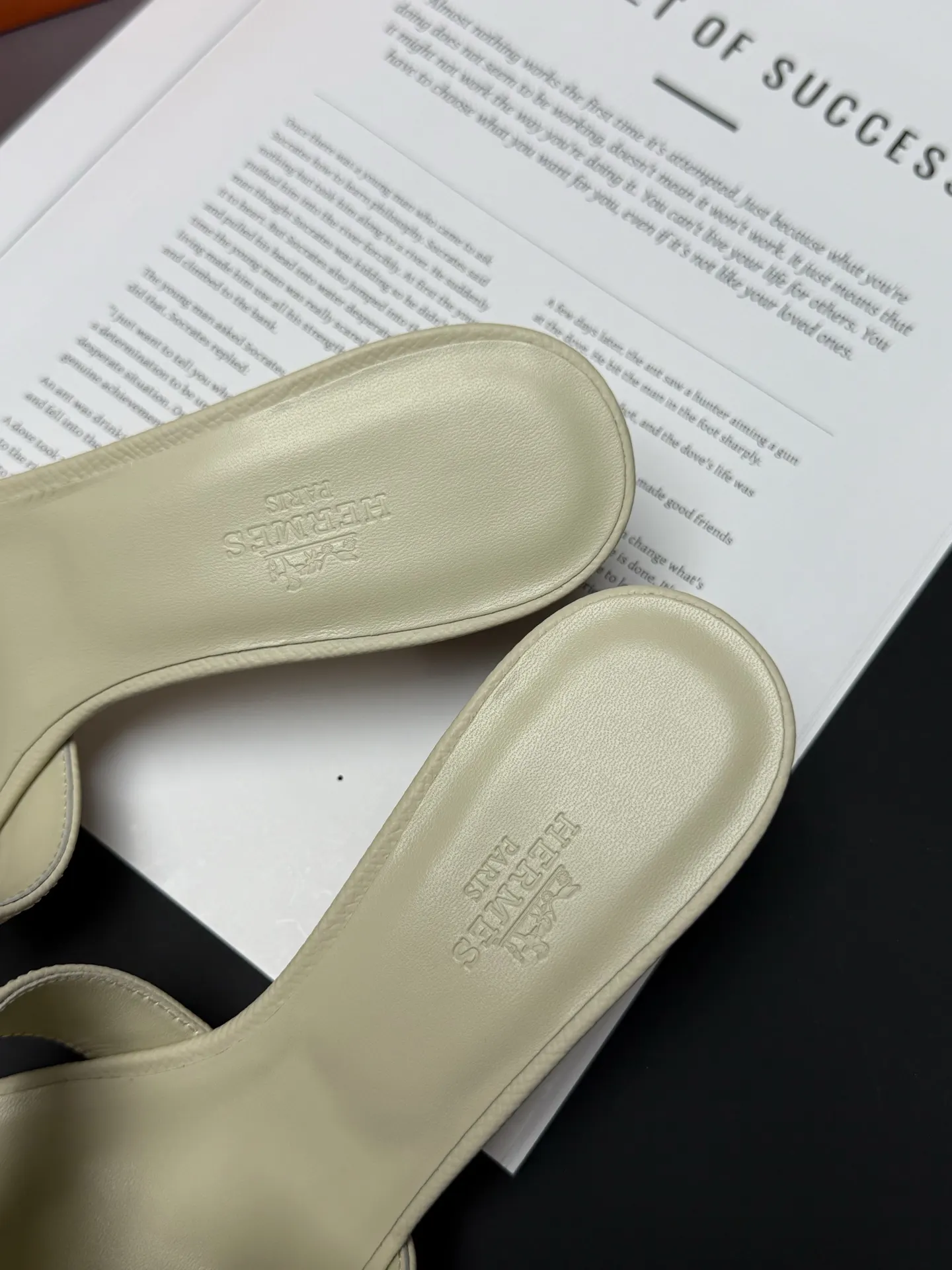 Hermès White Leather Slides