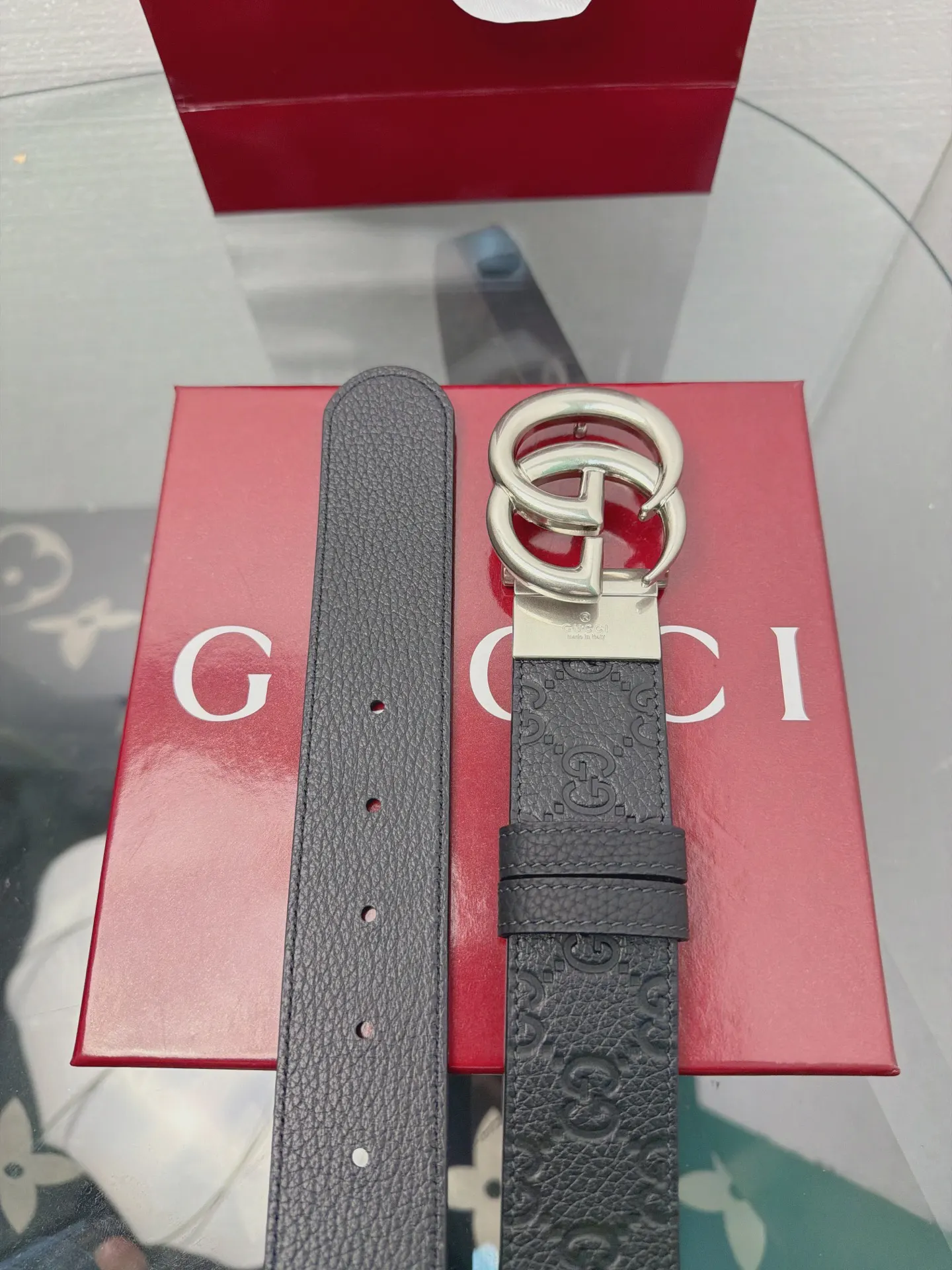 Gucci Double G 皮革 Monogram 腰带