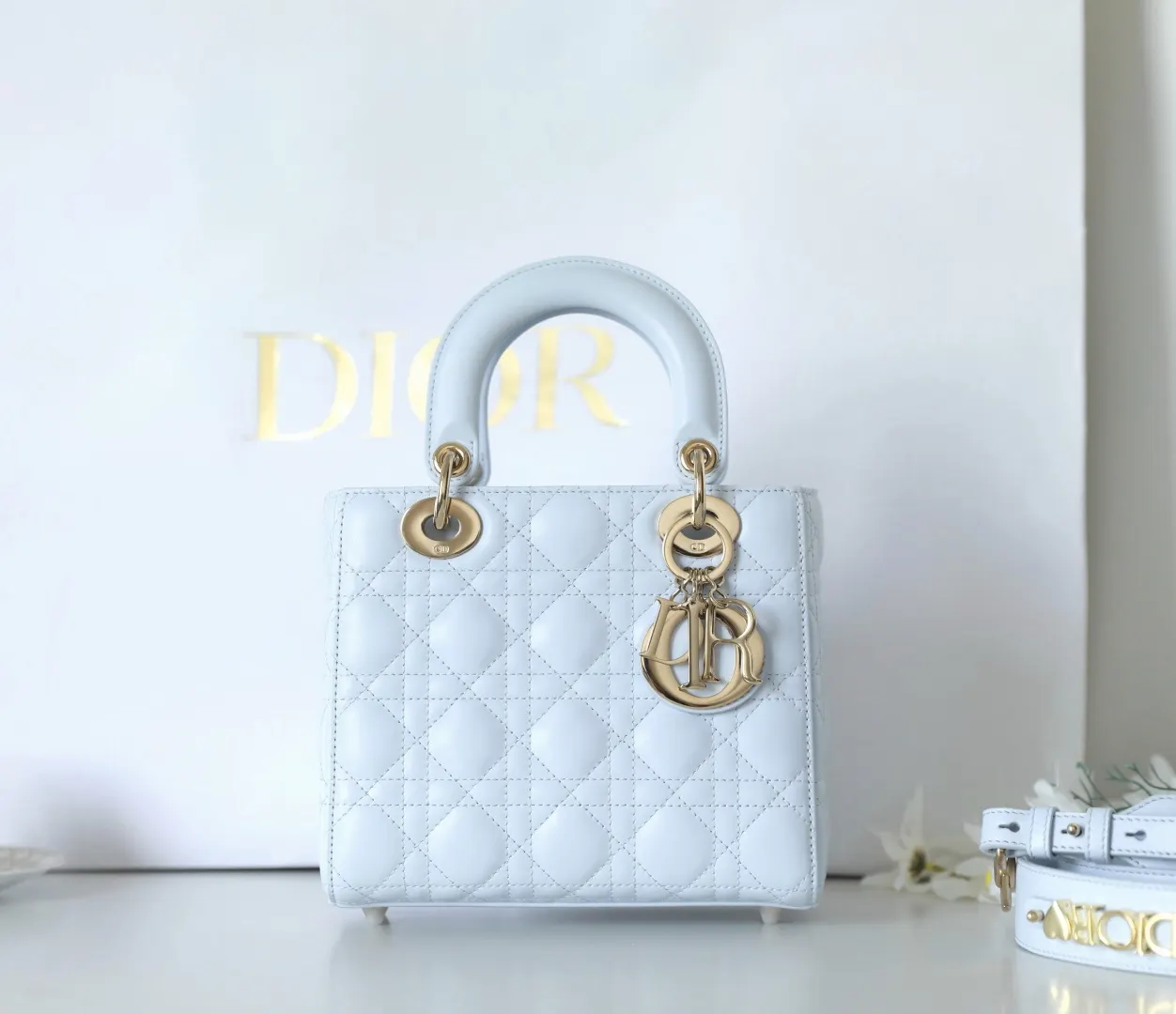 Dior Cannage藤格纹 冰川蓝羊皮手袋 手提斜挎