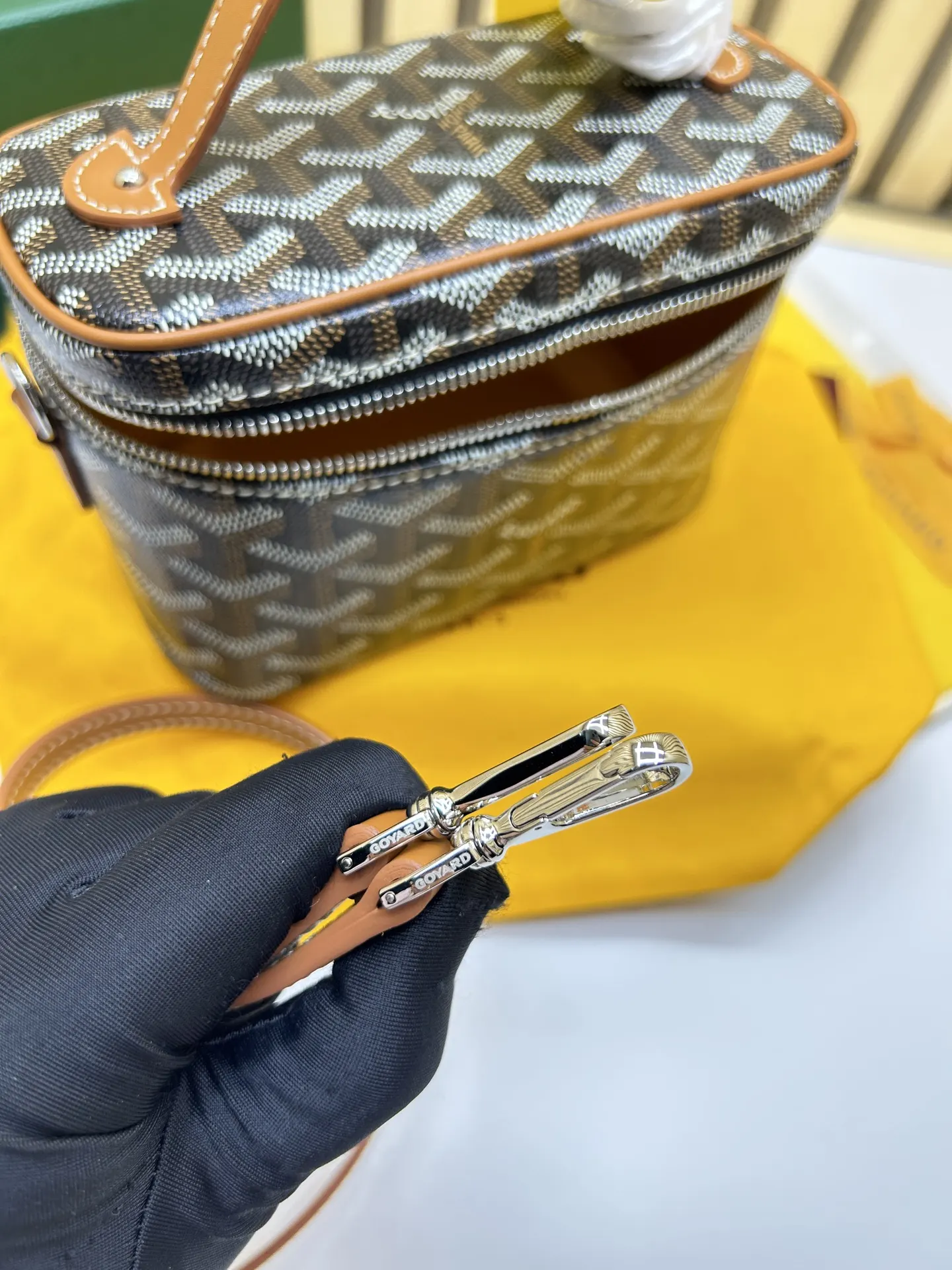 Brown Yellow Cosmetic Pouch Leather