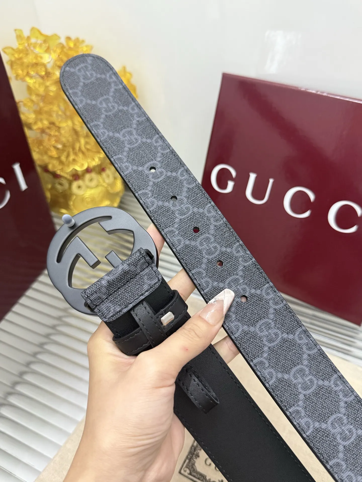 Gucci Double G 皮革腰帶 黑色