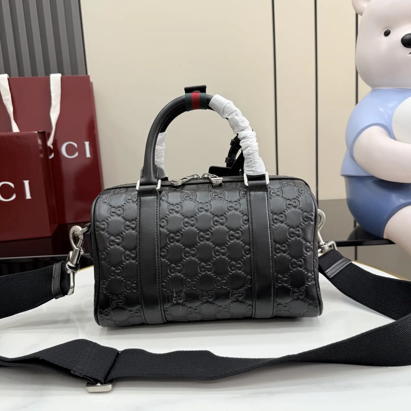Gucci GG Emblem 黑色 皮革 旅行袋 大容量旅行款
