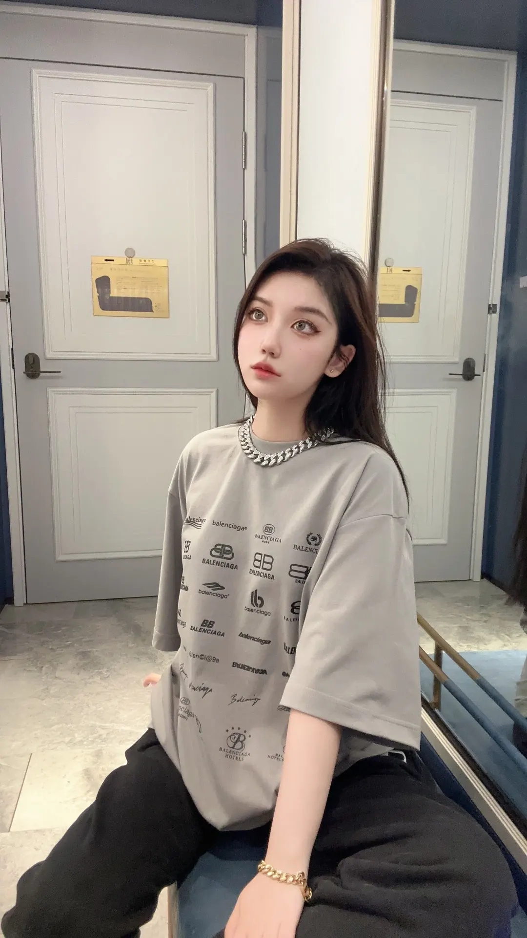 Balenciaga Gray Cotton Logo Short Sleeve T-Shirt Loose Casual Style
