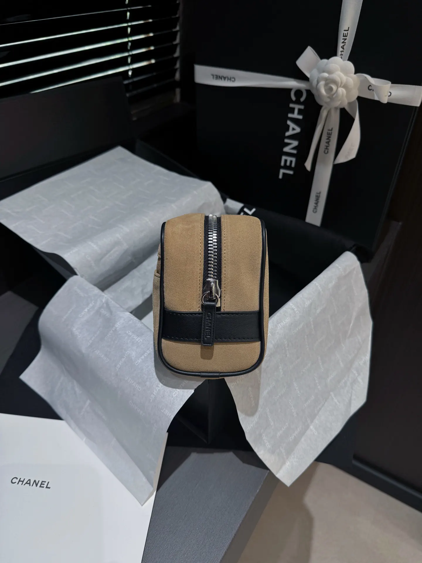 Chanel Black Beige Chain Bag Canvas