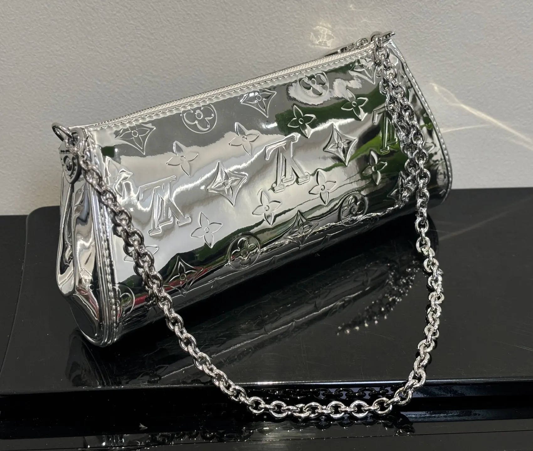 Louis Vuitton Pochette Monogram Chain Bag Silver