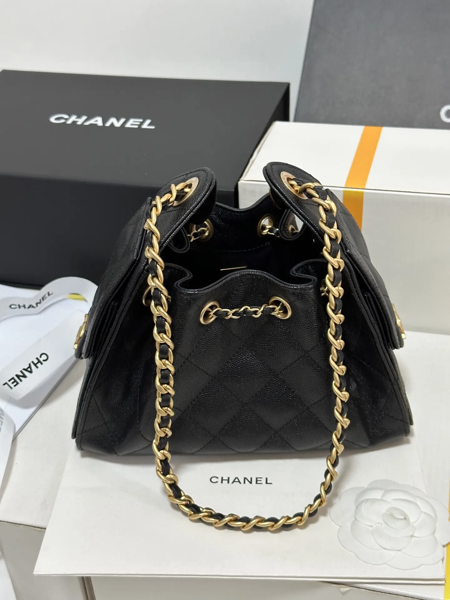 Chanel Black White Hobo Shoulder Bag Vintage Leather