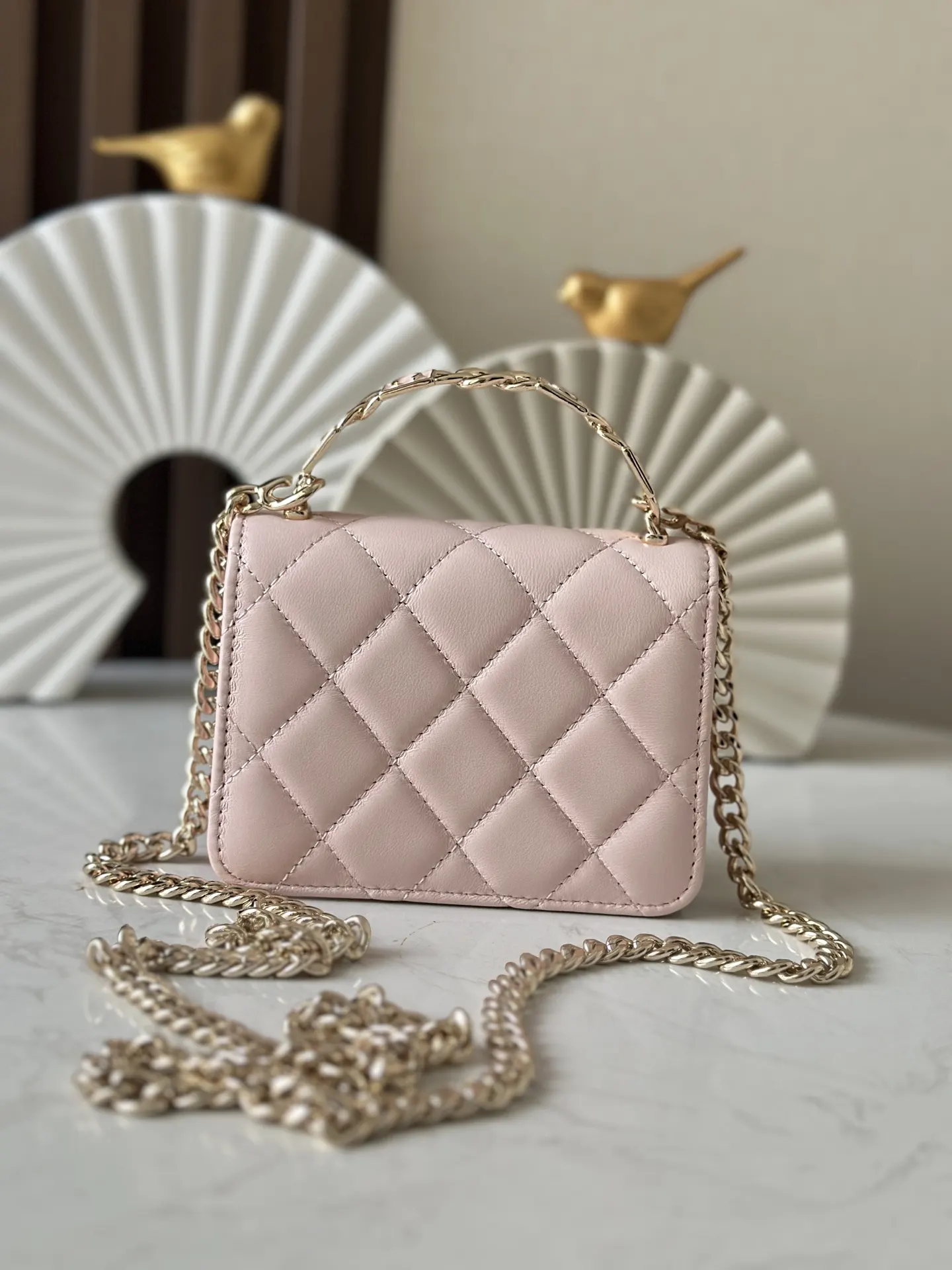 Pink Gold Chain Bag Leather