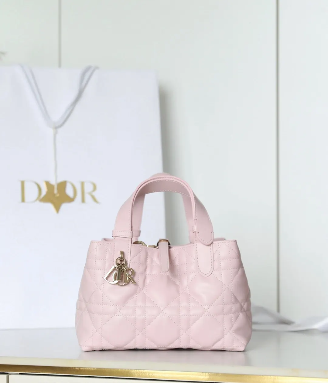 Dior 粉色牛皮包包 手提斜挎 手提包
