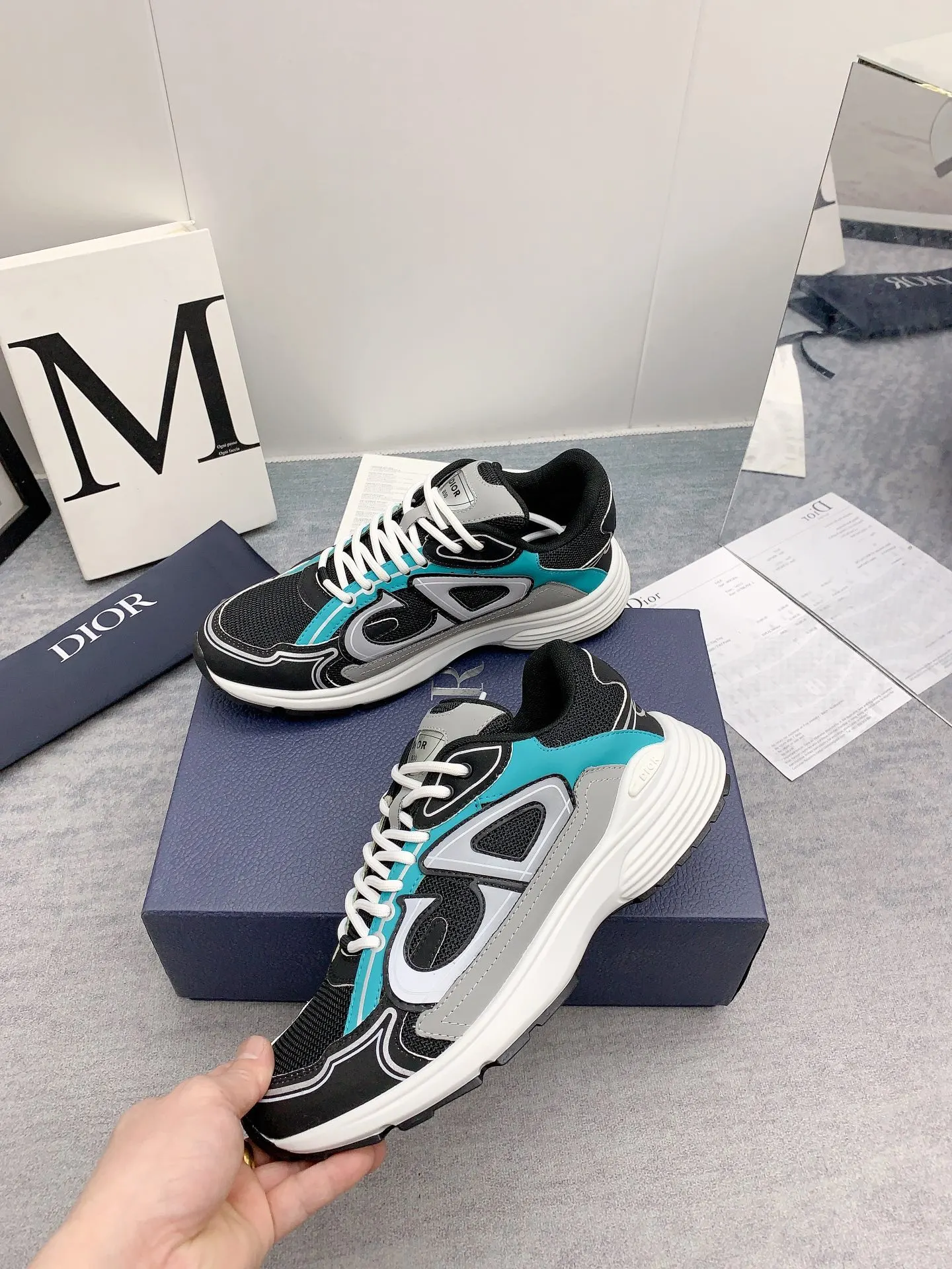 Dior B30 Mesh And Leather Sneakers In Black Teal