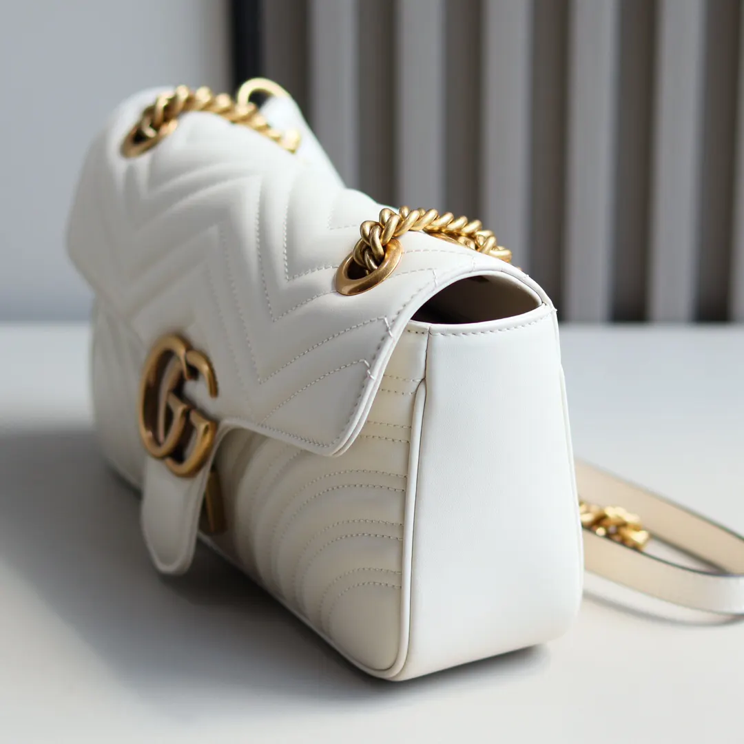 Gucci Marmont 白色 米白 小牛皮 链条包 精致链条款