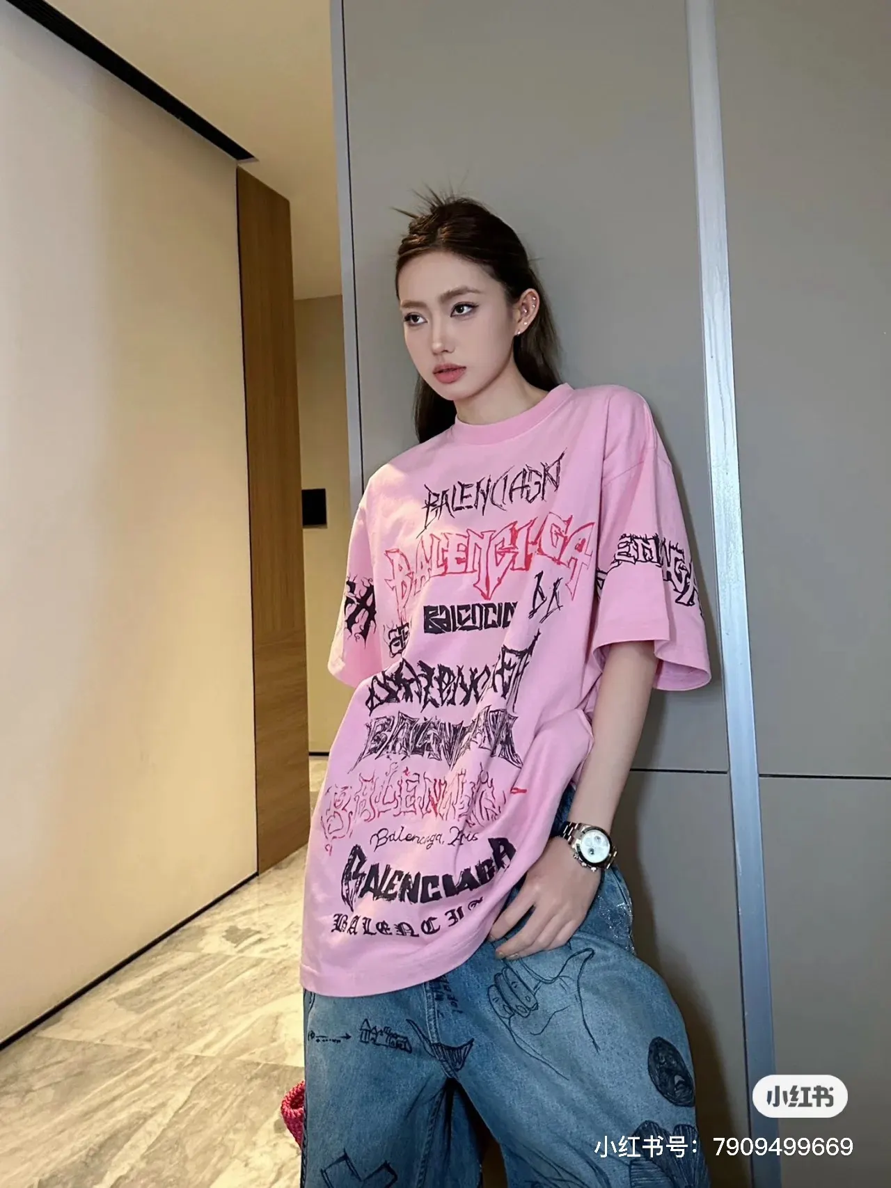 Balenciaga 粉色 Logo 印花 短袖T恤 街头休闲款