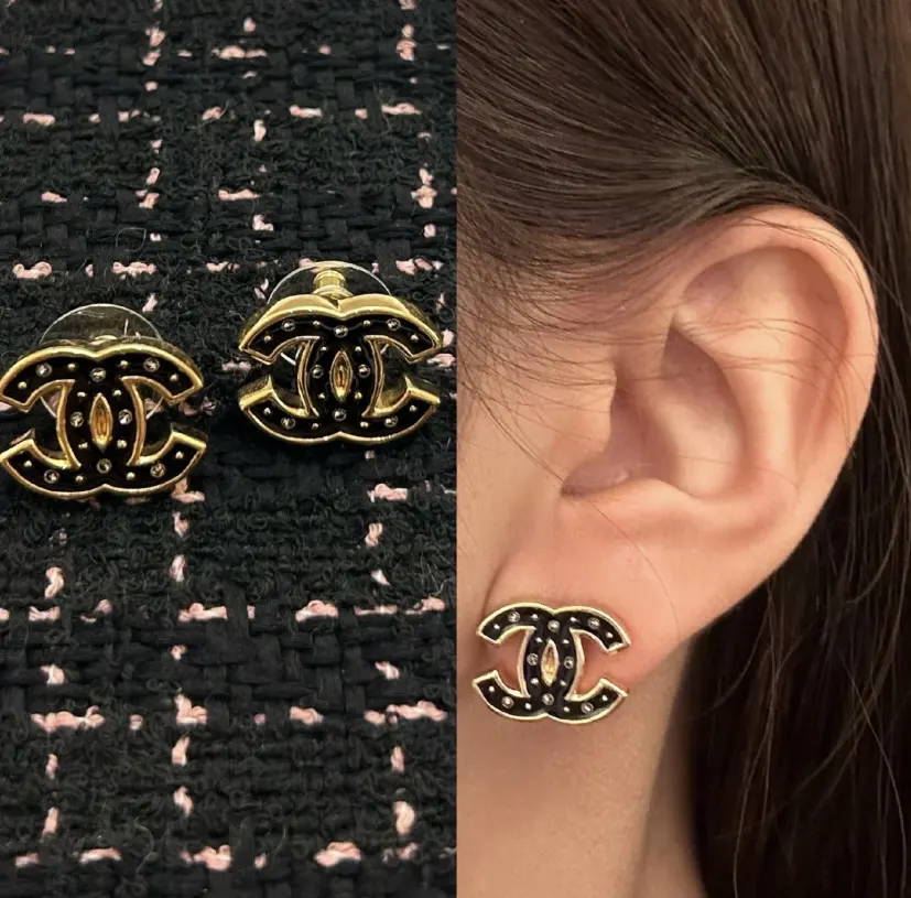 Chanel 黑金 双C 耳钉 小巧点缀 耳饰
