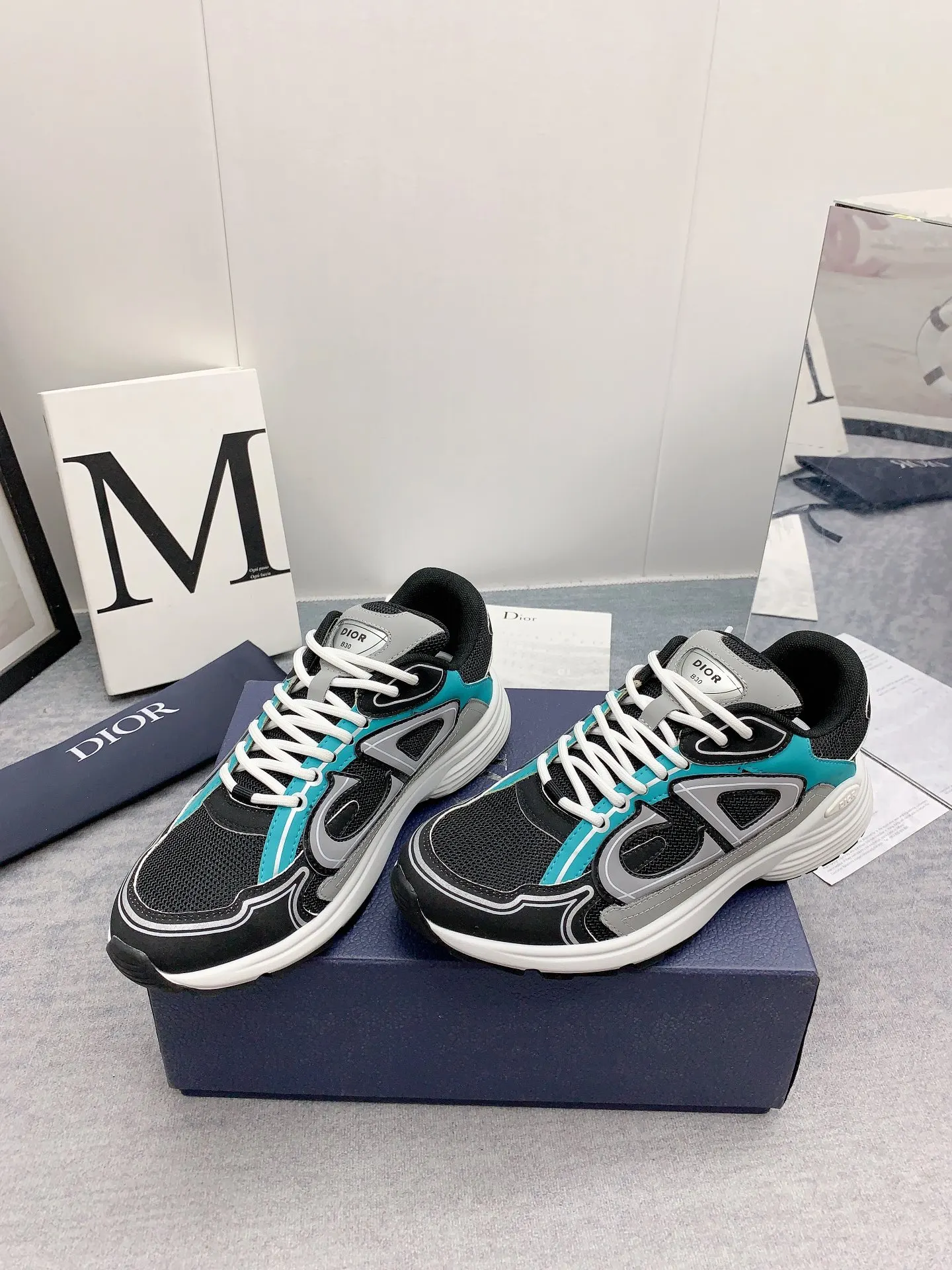 Dior B30 Mesh And Leather Sneakers In Black Teal