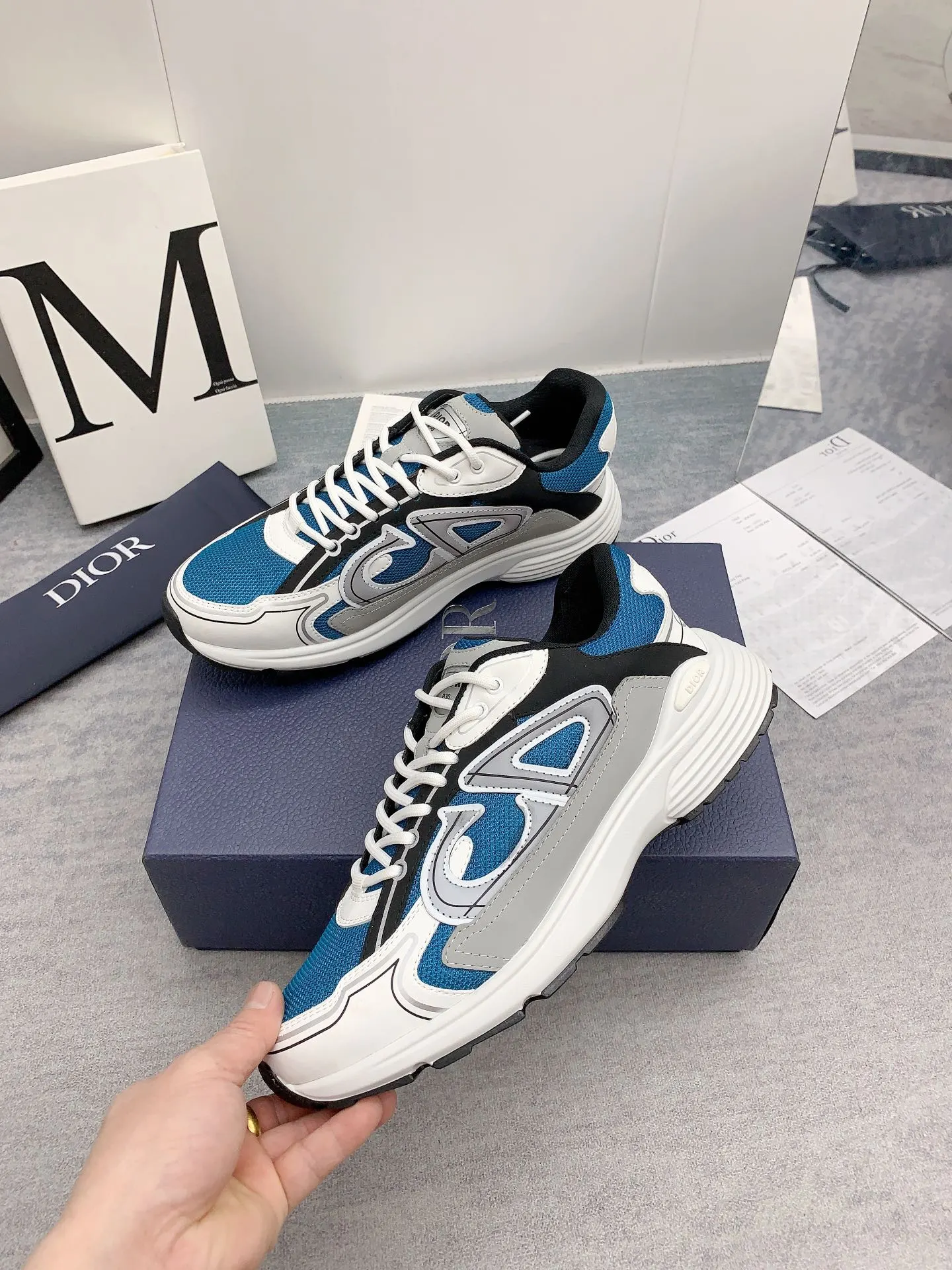 Dior B30 Mesh And Leather Sneakers In Blue Grey