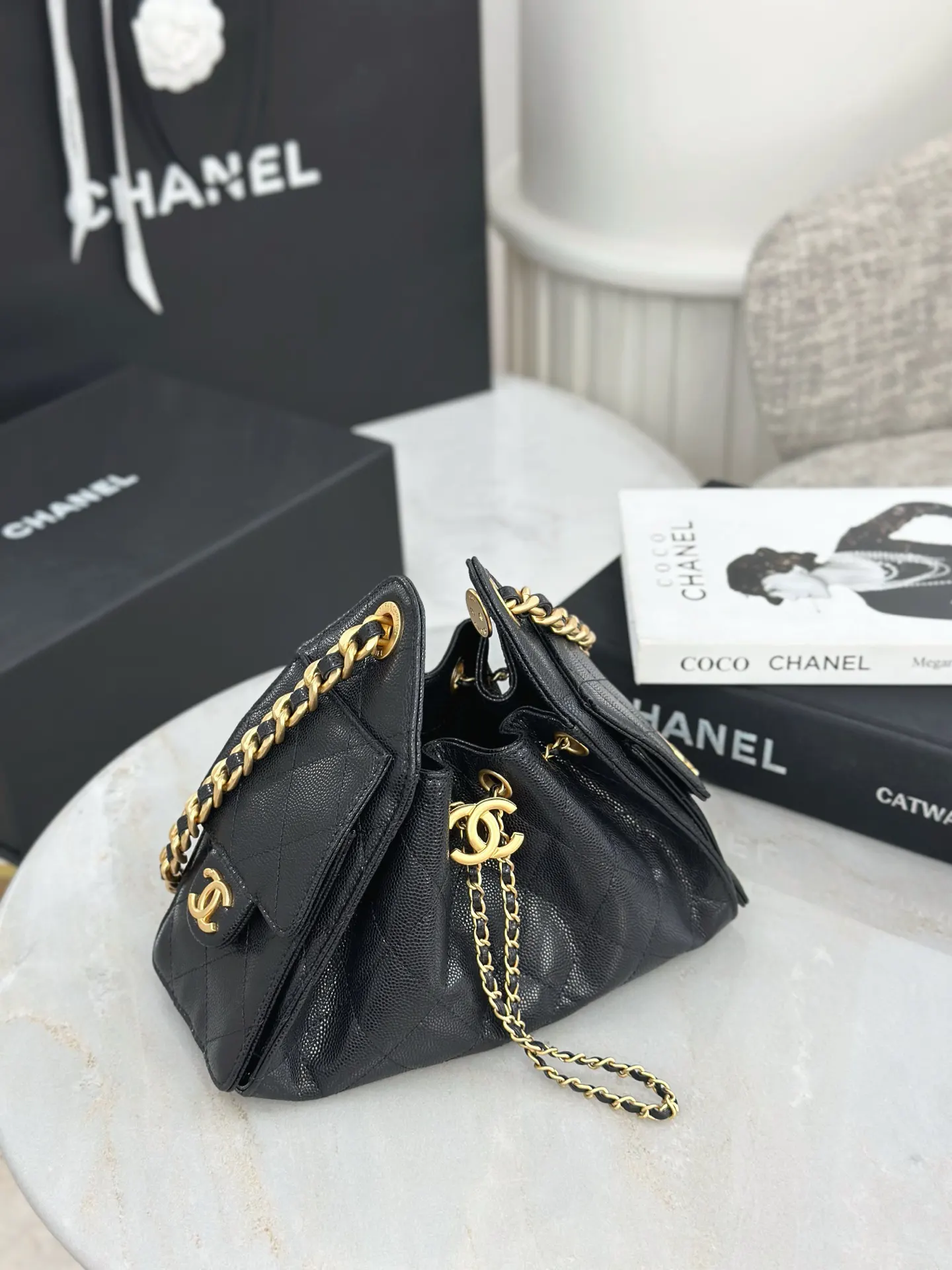 Chanel 22 Large Black Leather Chain Bag