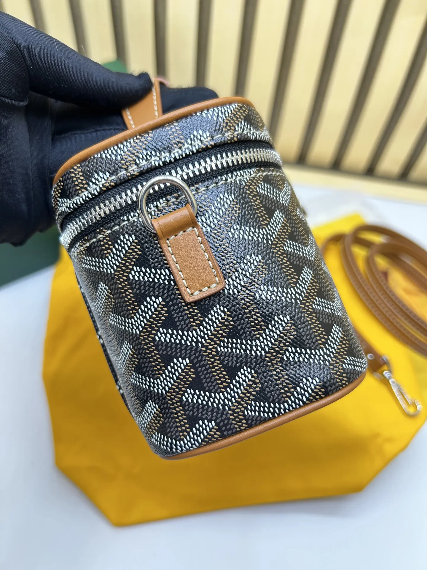 Brown Yellow Cosmetic Pouch Leather