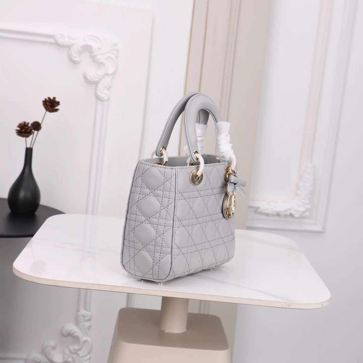 Dior Lady Dior 银灰色藤格纹手提斜挎包 迷你款 经典款