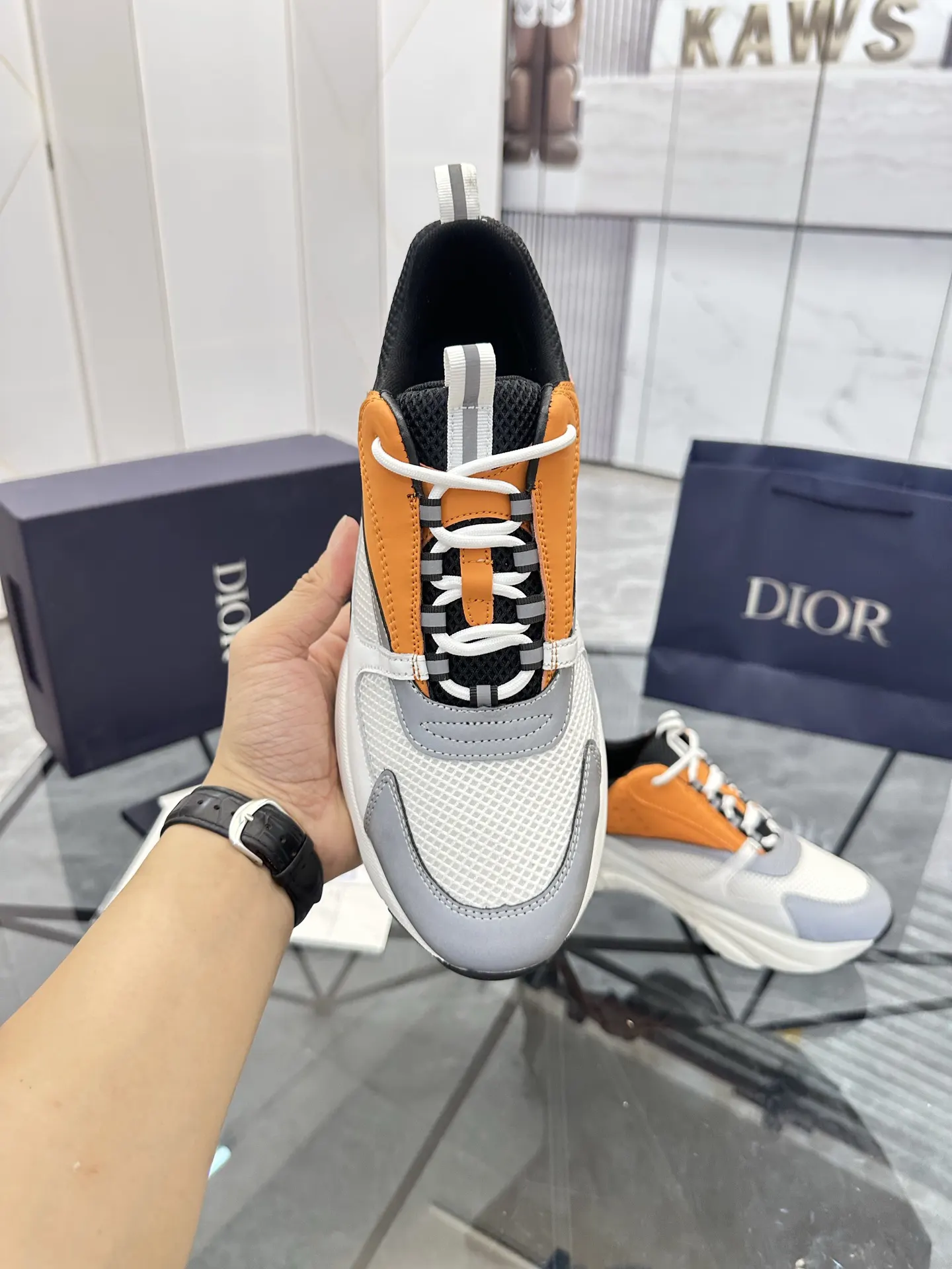 Dior B22 白橙拼色牛皮休闲鞋 亮色款