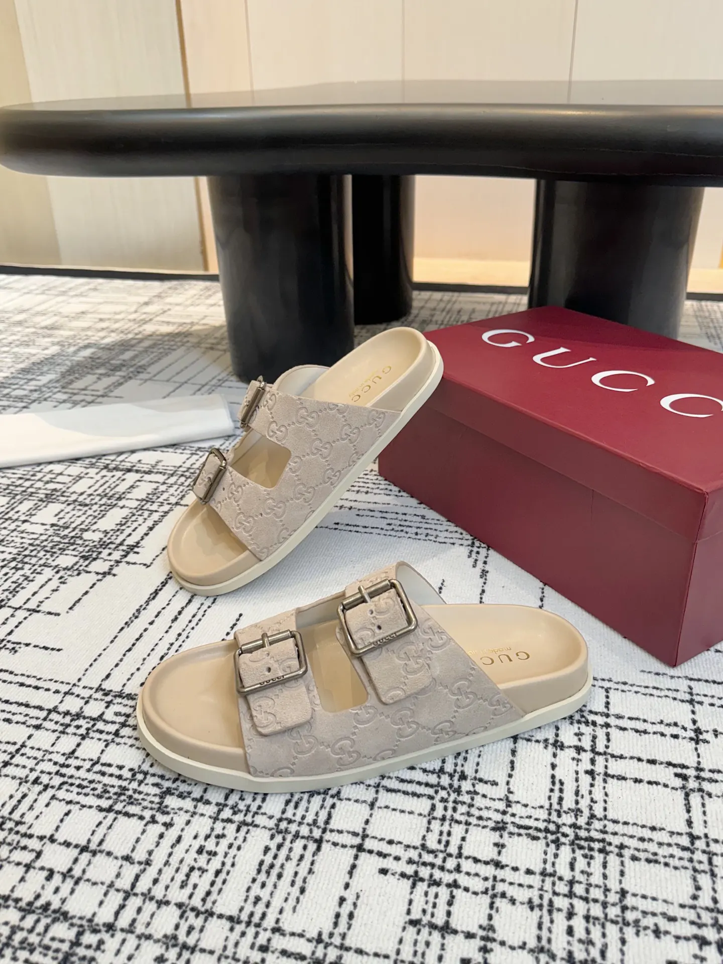 Gucci White Monogram Slides