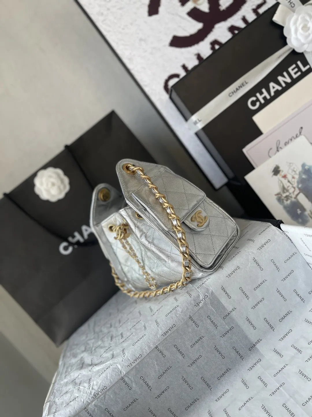CHANEL 白色 银色 小牛皮 腋下包 复古腋下背款