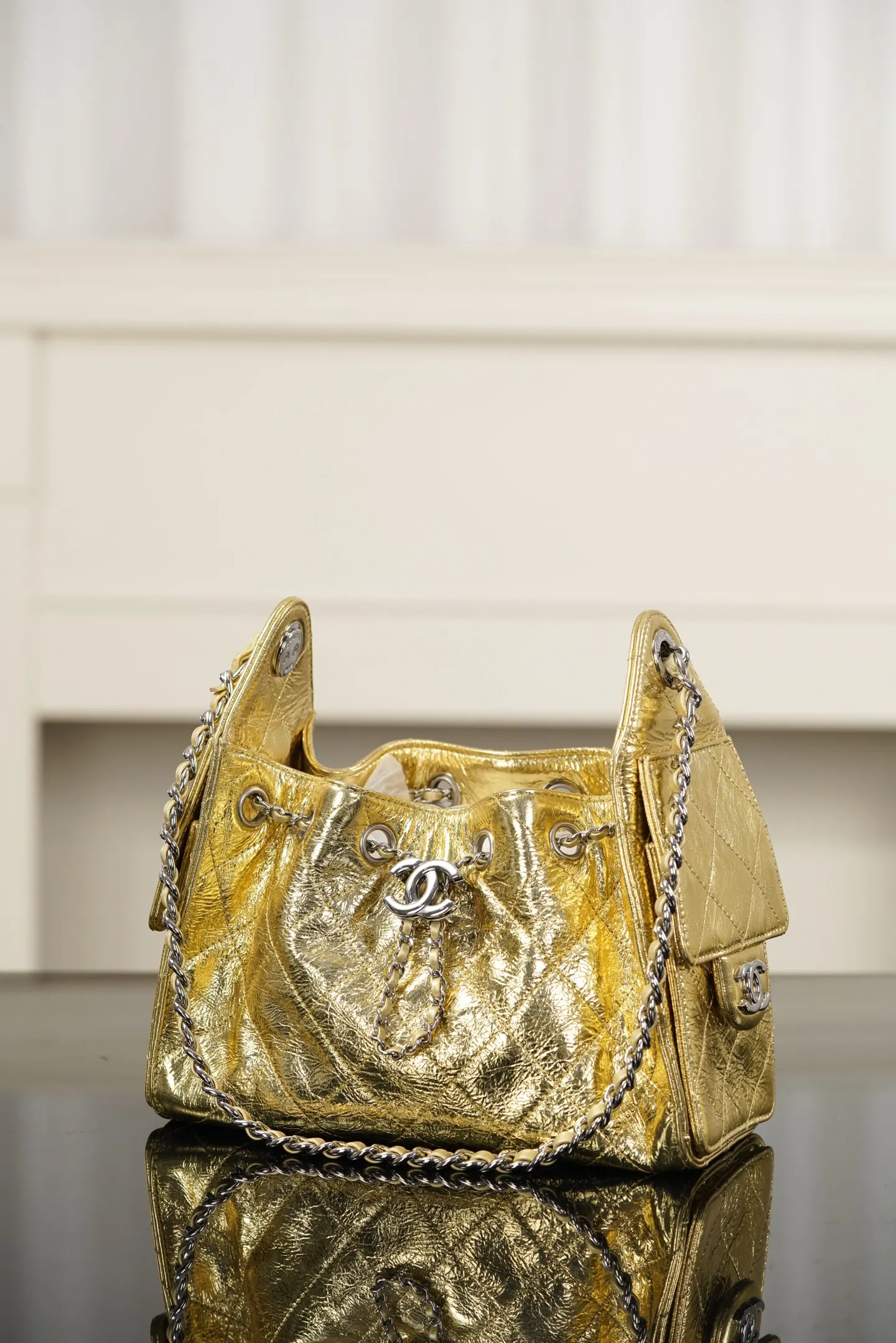 Silver Gold Bucket Bag Casual Leather