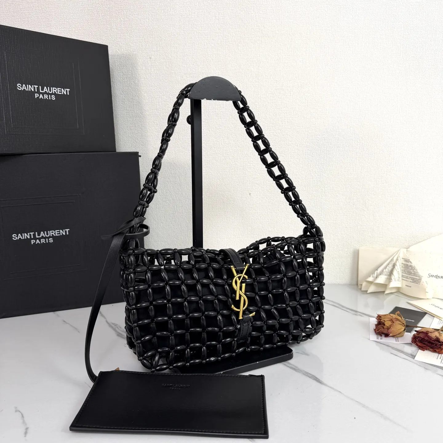 YSL 高 腋下木珠编织包 每一颗圆润木珠都带 腋下包 復古腋下背款