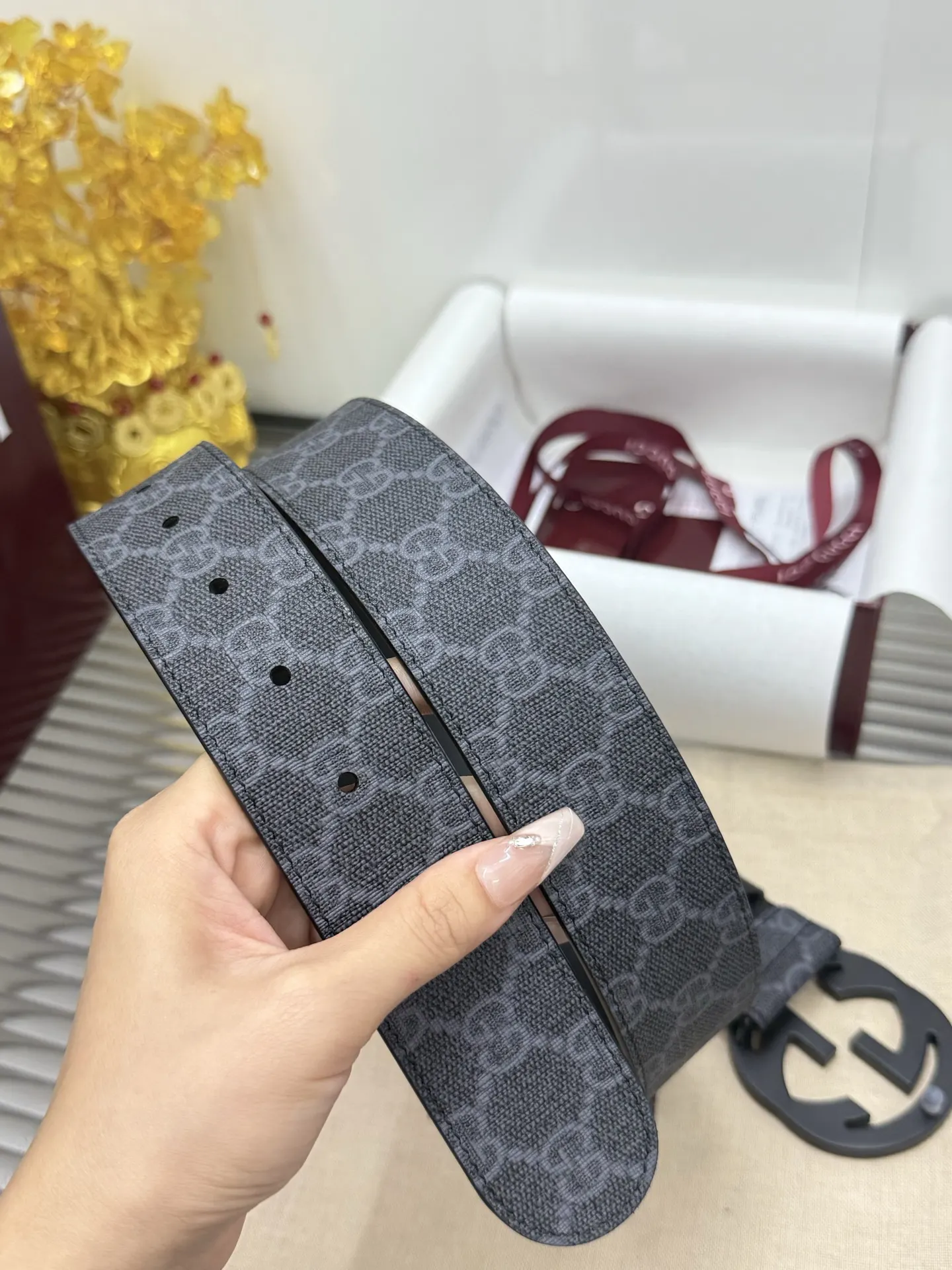 Gucci Double G 皮革腰帶 黑色