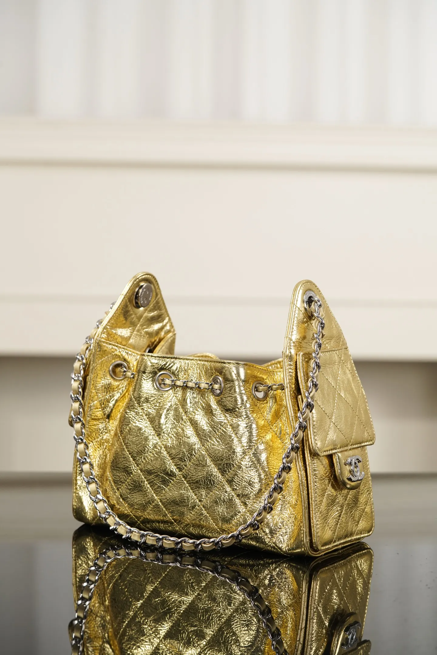 Silver Gold Bucket Bag Casual Leather