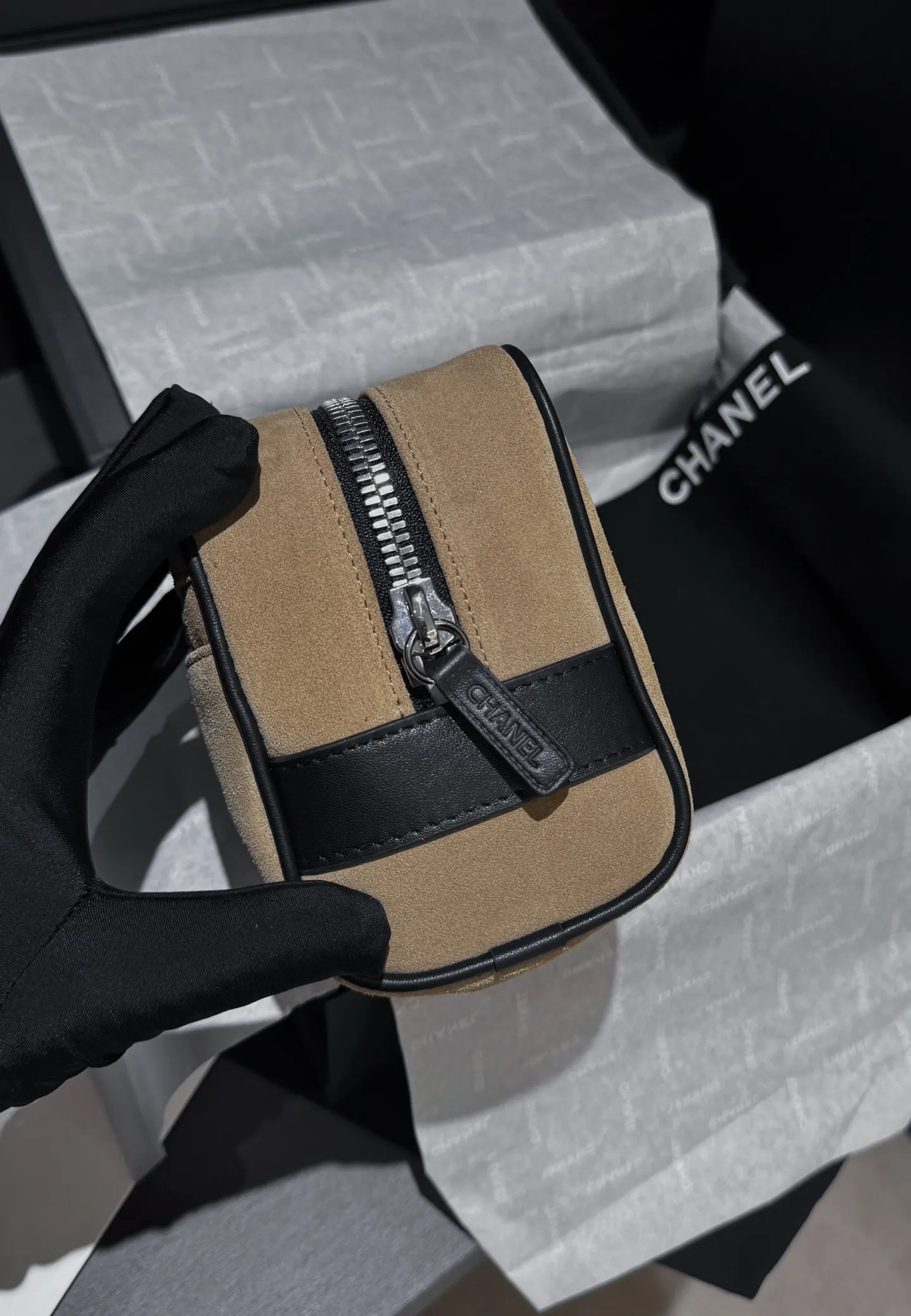 Chanel Black Beige Chain Bag Canvas