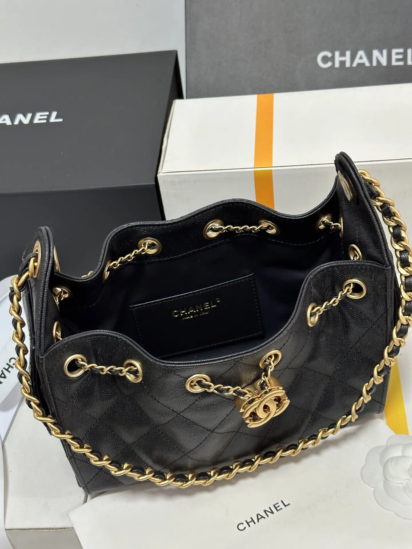 Chanel Black White Hobo Shoulder Bag Vintage Leather