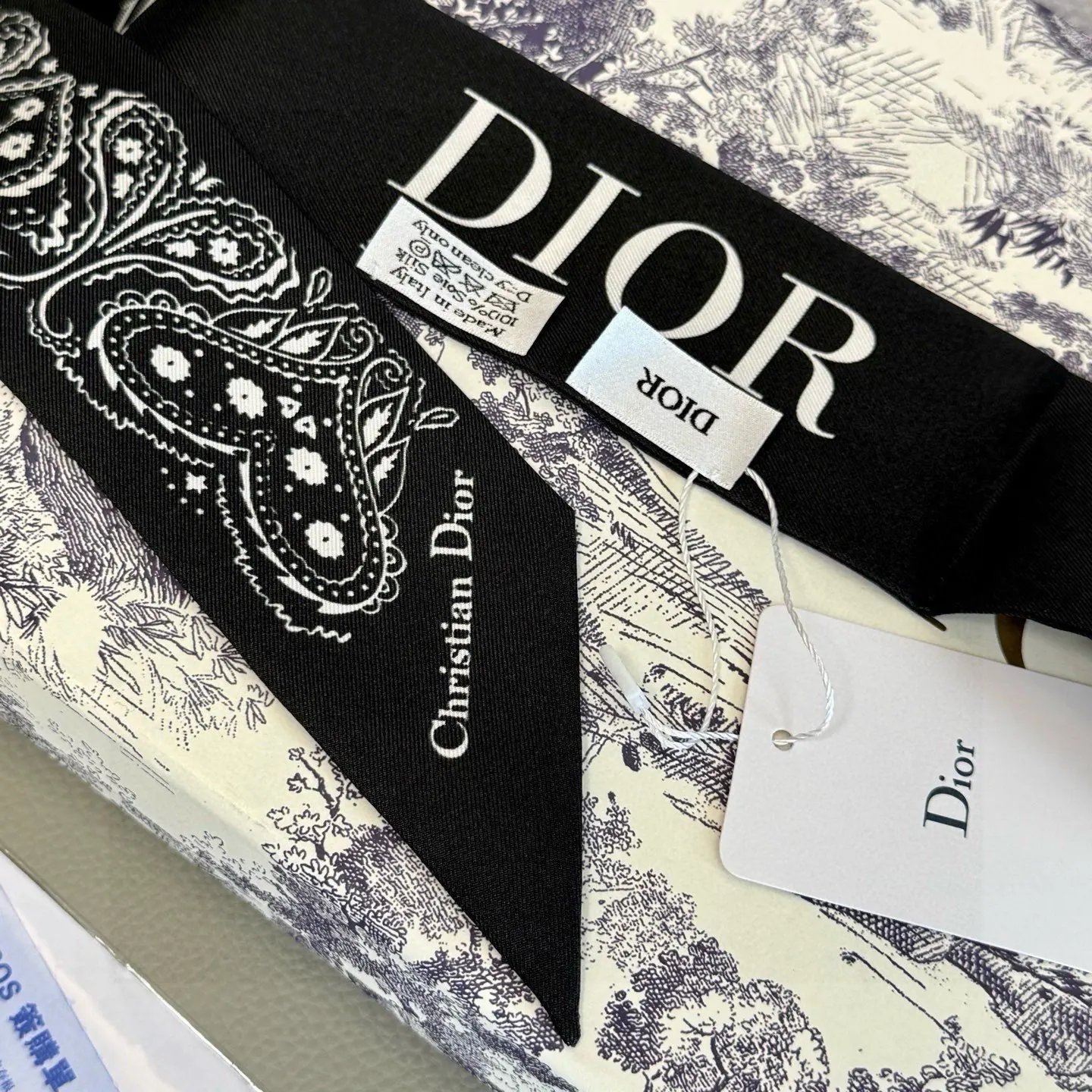 Dior 黑白提花真丝丝巾 细长绑带