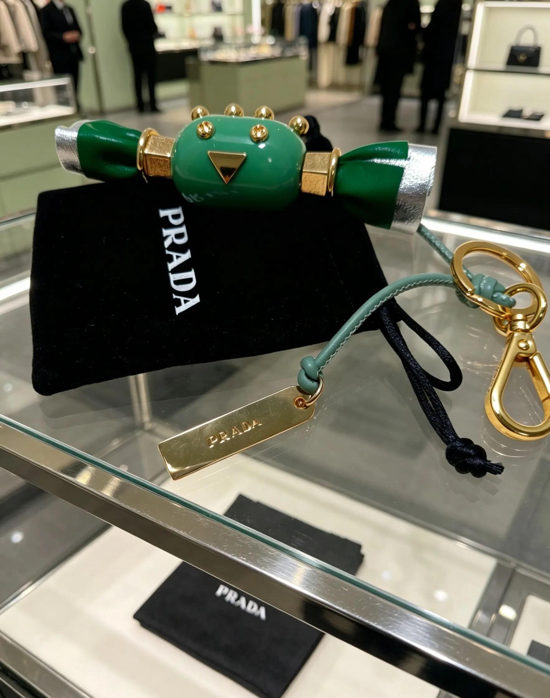 Prada Green Leather Triangle Logo Bag Charm / Keychain