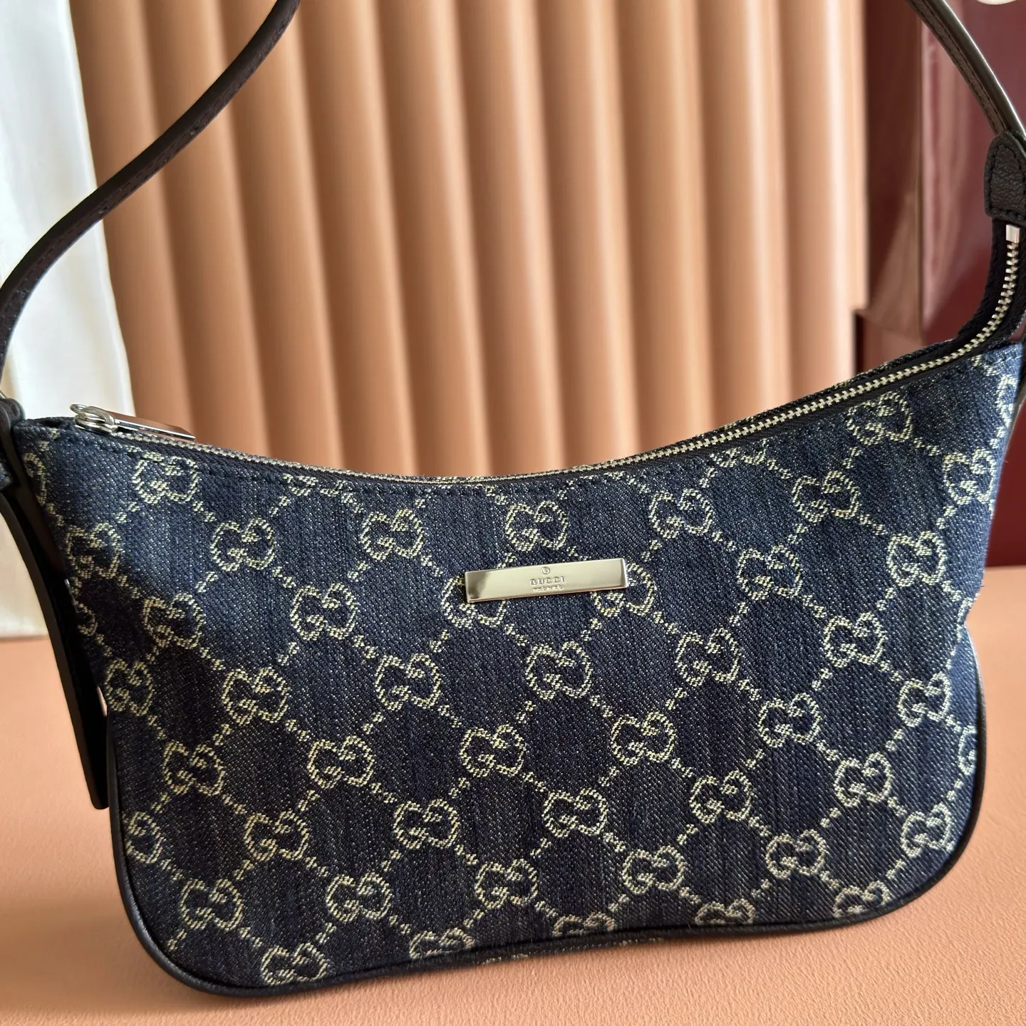 Gucci Blue Brown Hobo Shoulder Bag Vintage Canvas