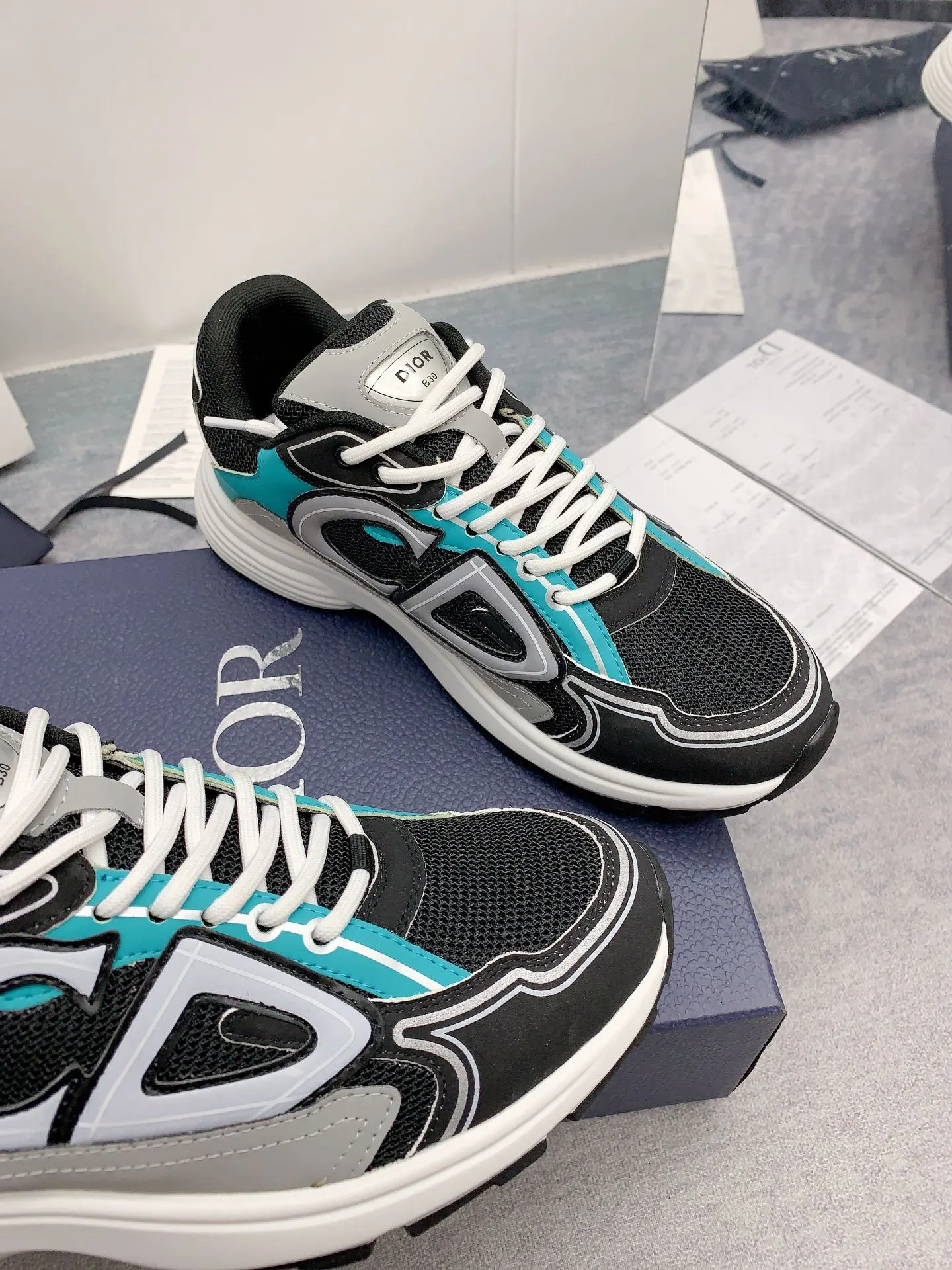 Dior B30 Mesh And Leather Sneakers In Black Teal