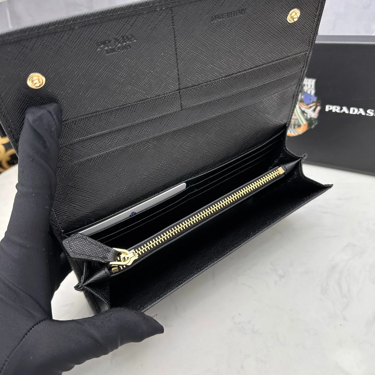Prada Saffiano Black Leather Triangle Logo Wallet