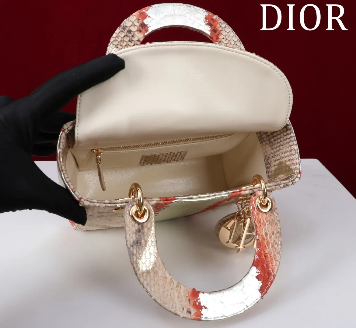Dior Lady Dior 米白色藤格纹手提斜挎包 条纹款