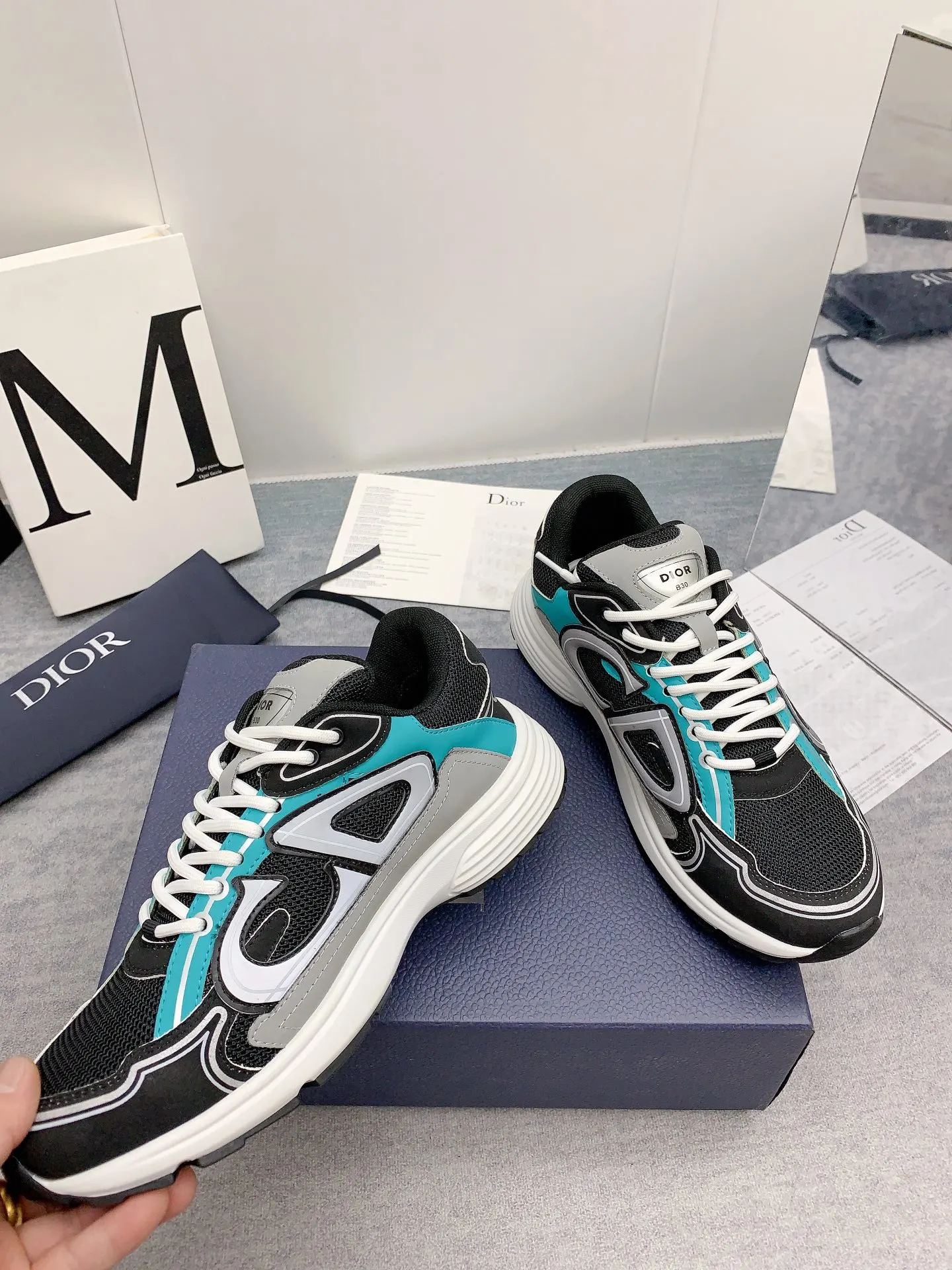 Dior B30 Mesh And Leather Sneakers In Black Teal