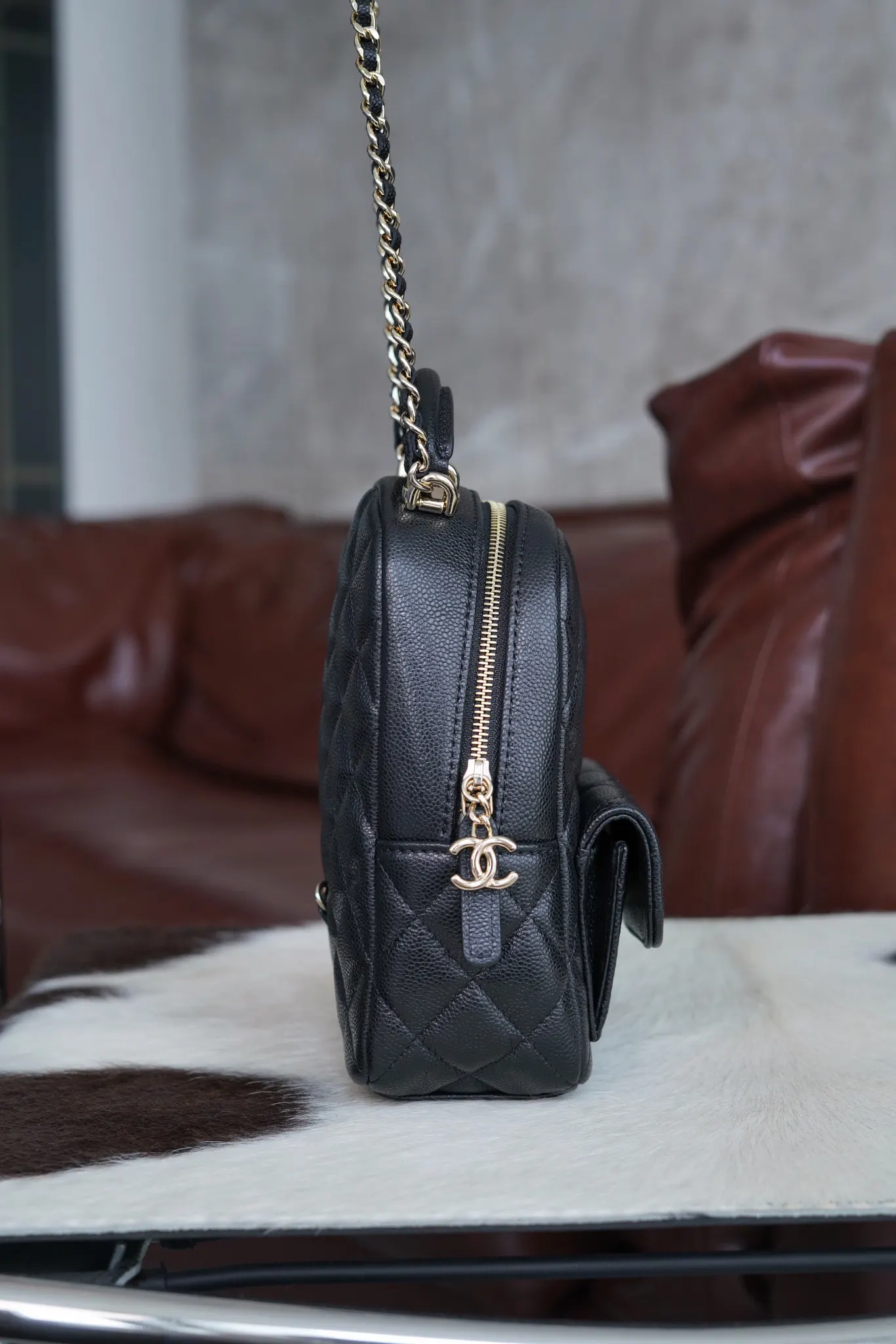 CHANEL 金色 小牛皮 雙肩包 实用雙肩款