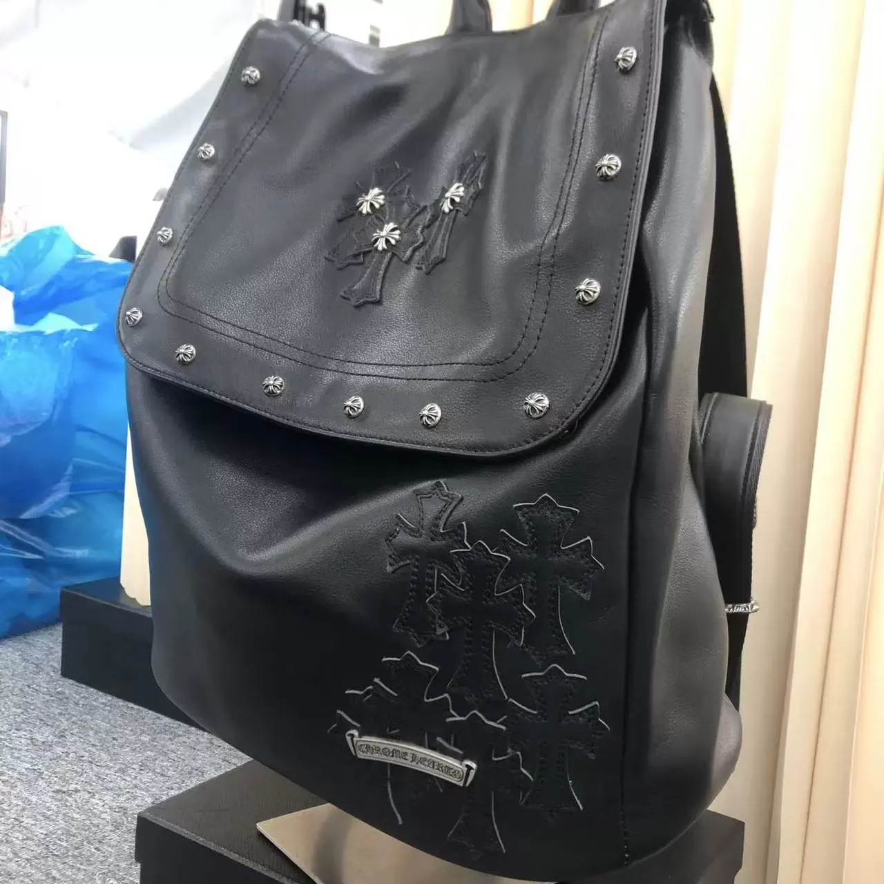牛皮 克罗家同款十字架铆钉雙肩包真皮大容量头层牛皮男女通用 实用雙肩款
