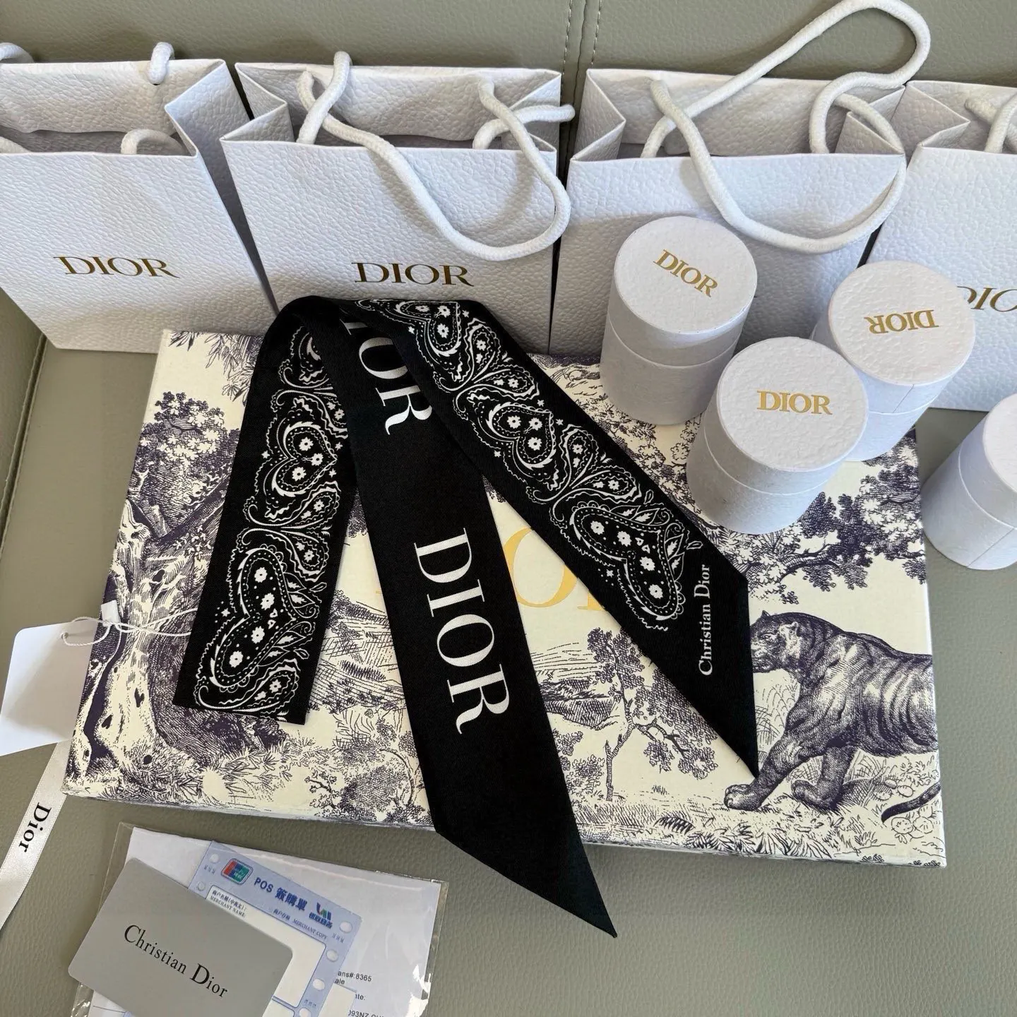 Dior 黑白提花真丝丝巾 细长绑带