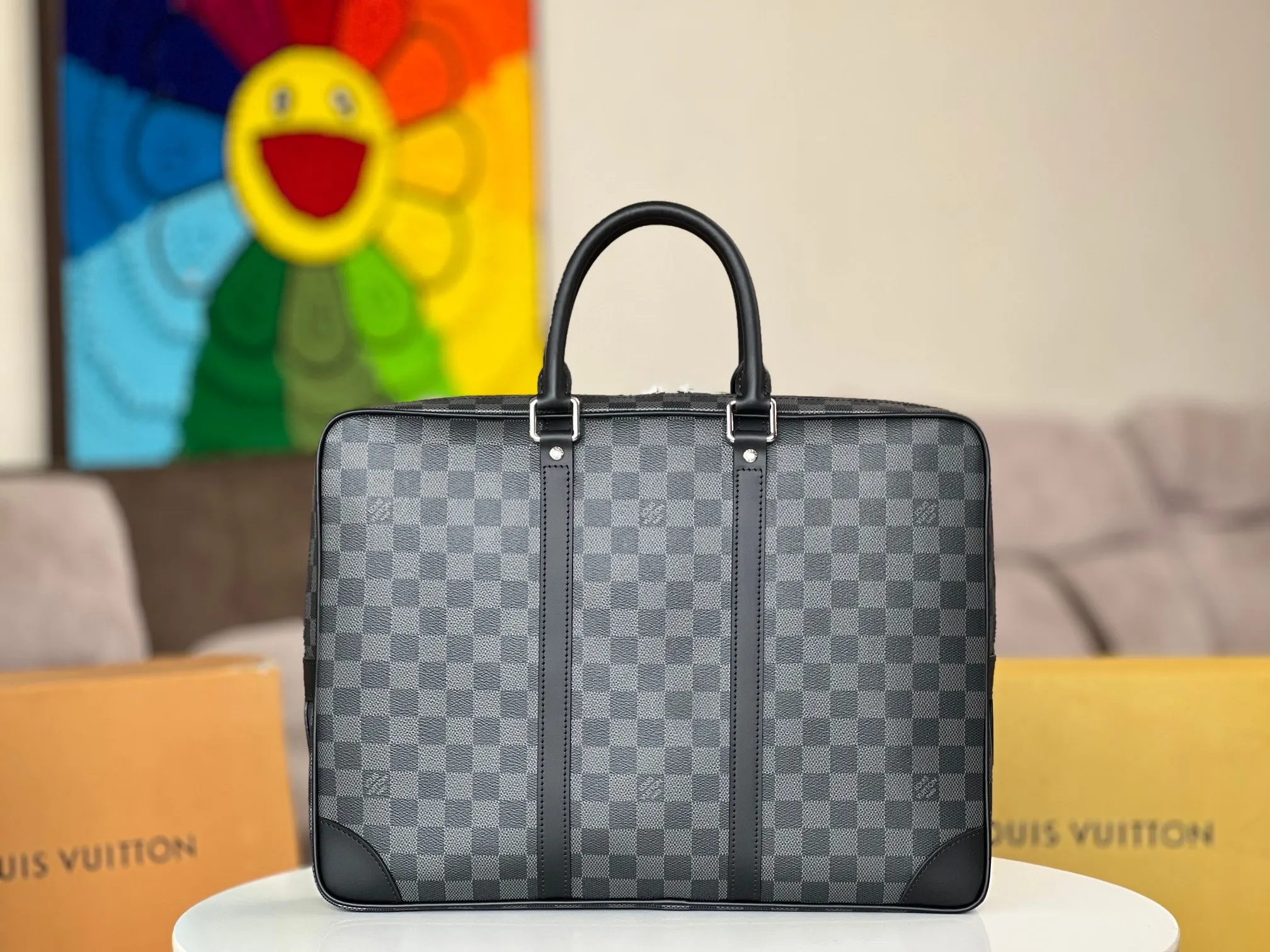 帆布 时尚的damier ebène帆布材质 光滑的皮质佩 公文包 商务通勤款